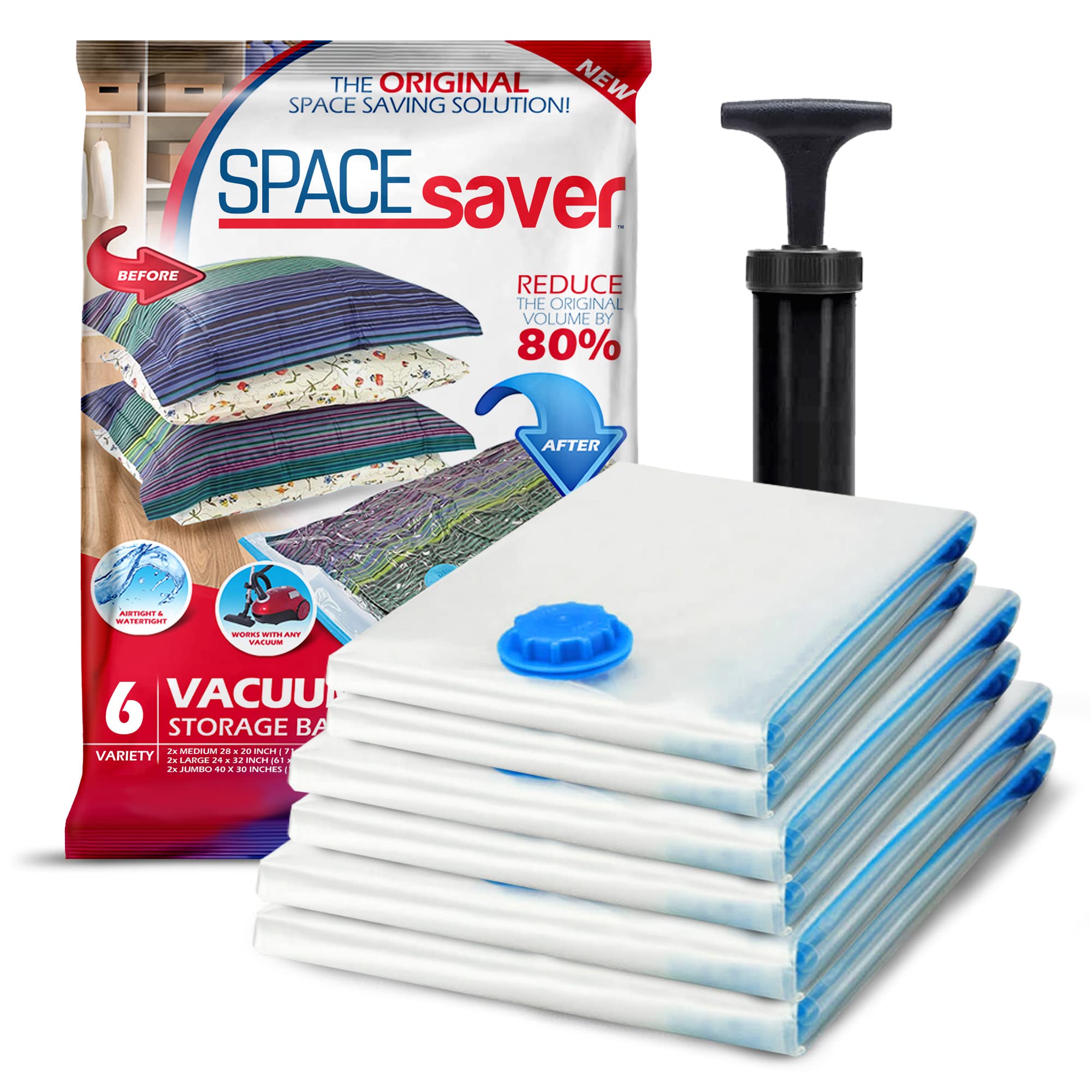 6 Pack Variety Vacuum Seal Bags for Clothing, Travel, Blankets & Comforters - Compression Bag with Hand Pump - Space Saver Vacuu
