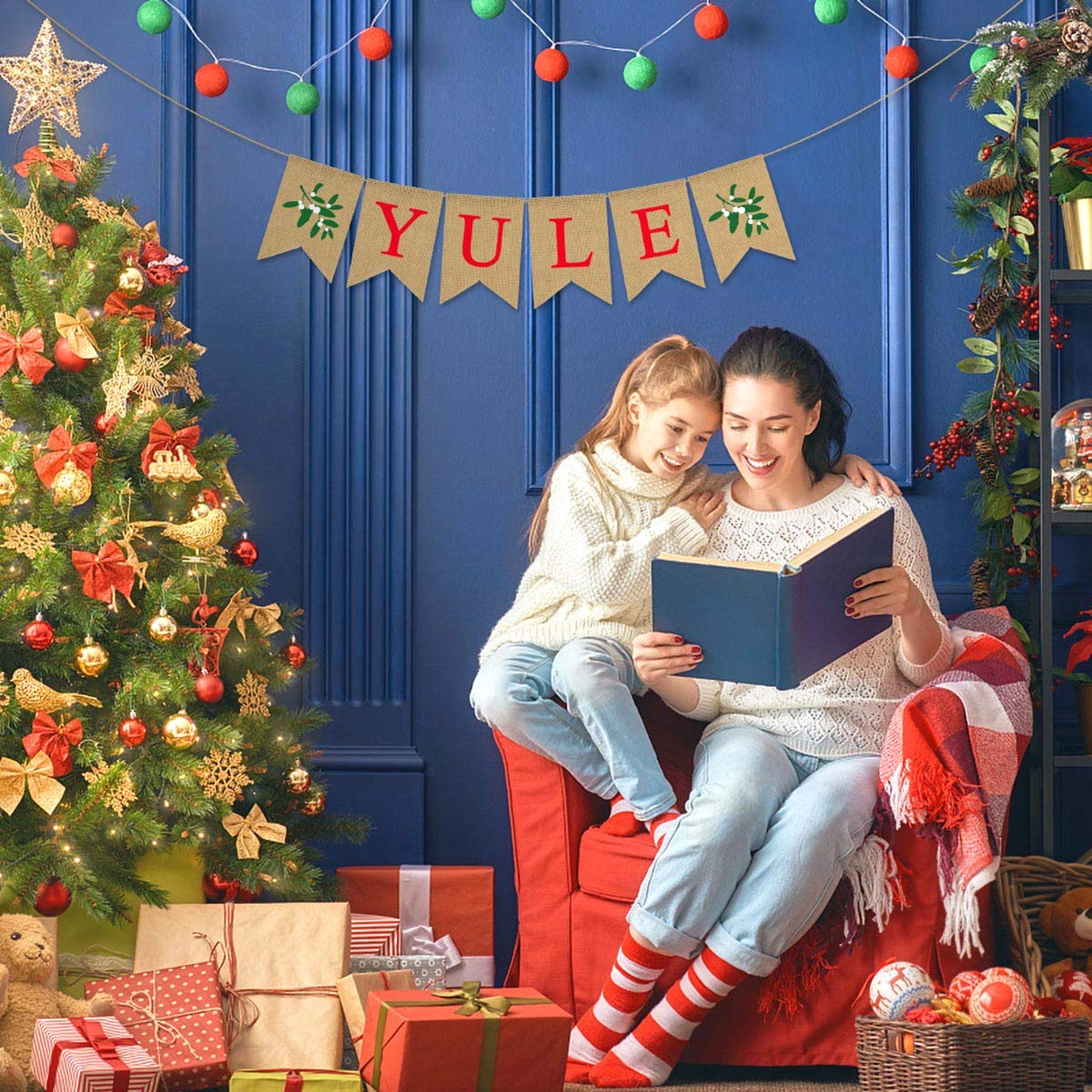 Burlap Yule Banner Pagan Christmas Mistletoe Rustic Winter Farmhouse Fireplace Mantle Decoration