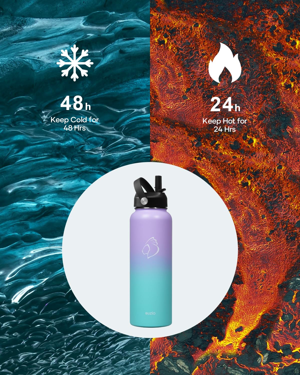 Buzio 40Oz Insulated Water Bottle, Stainless Steel Double Wall Water Flask (Cold For 48 Hrs) Leak Proof Sports Bottles Jug With