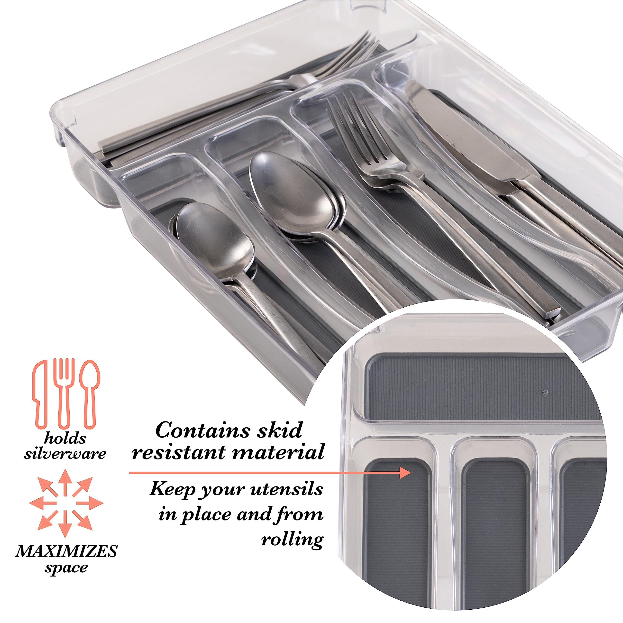 Kitchen Details Utensil and Cutlery Drawer Organizer, 5 Compartment, Clear Plastic, Model 23195