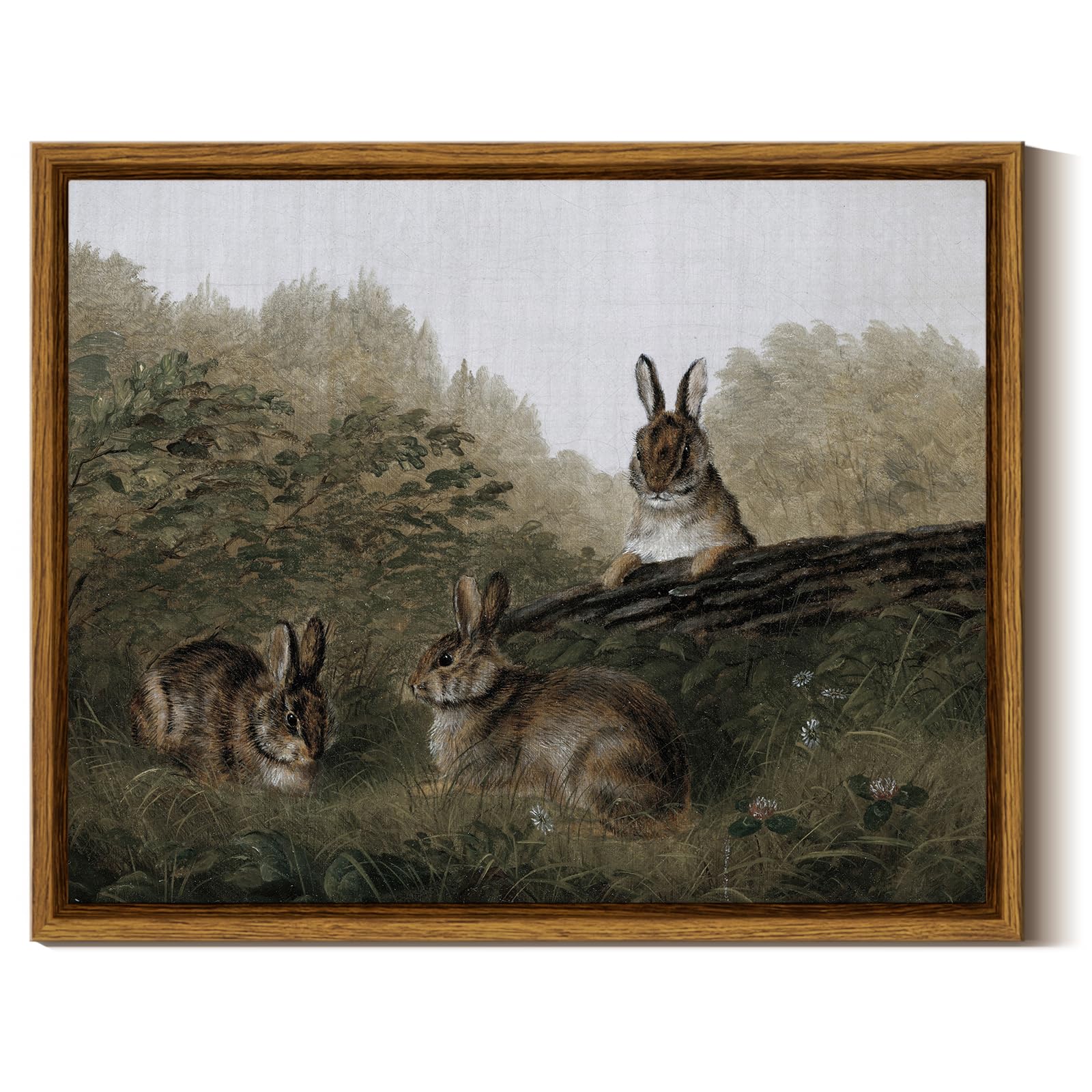 Insimsea Framed Canvas Wall Art Three Easter Rabbits With Vintage Wall Art Decor Animal Landscape Oil Painting Colorful Multicol