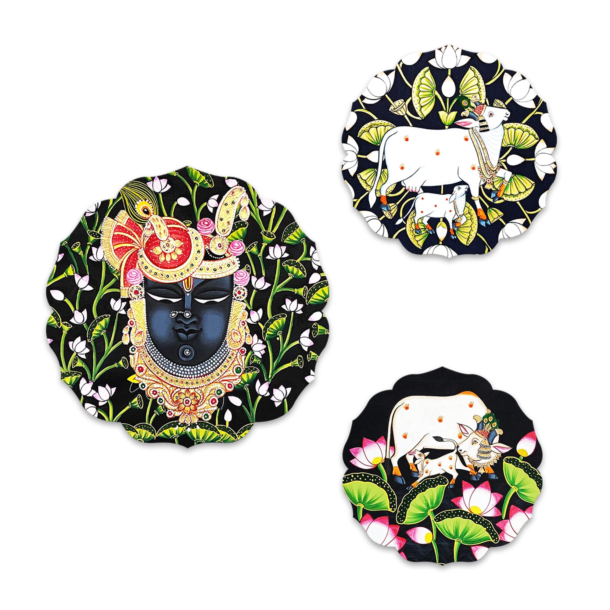 Artvibes Shrinath Ji & Sacred Cow Pichwai Art Round Shape Mdf Wooden Wall Decor Items | Living Room | Handcrafted Art | Wall Ill