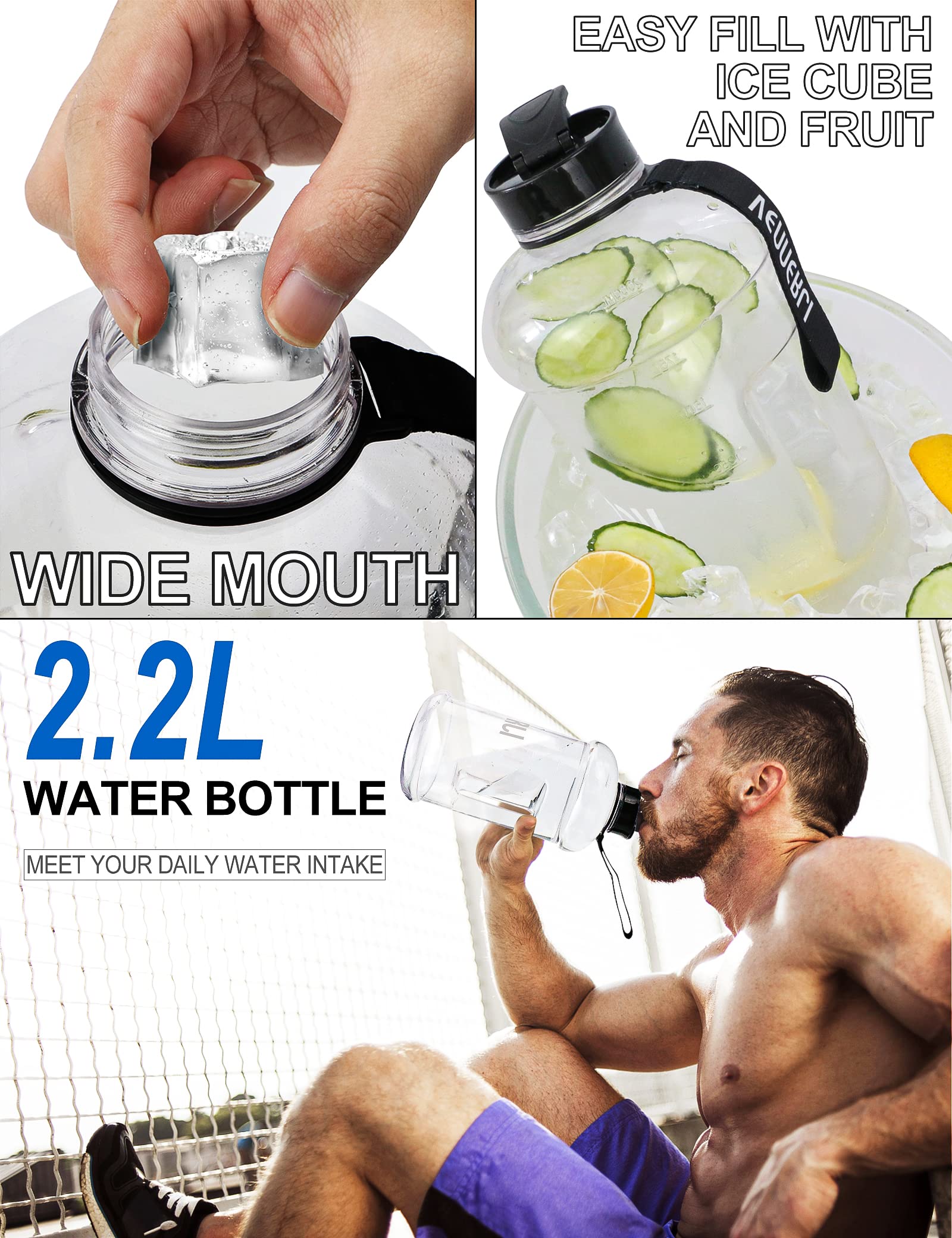 VENNERLI Water Bottle with Handle Portable Large Plastic Water Bottles for Adults BPA-free Half Gallon Water Bottle Reusable 2 Liter Water Jugs for Outdoor Hiking Fitness Travel Camping Cycling