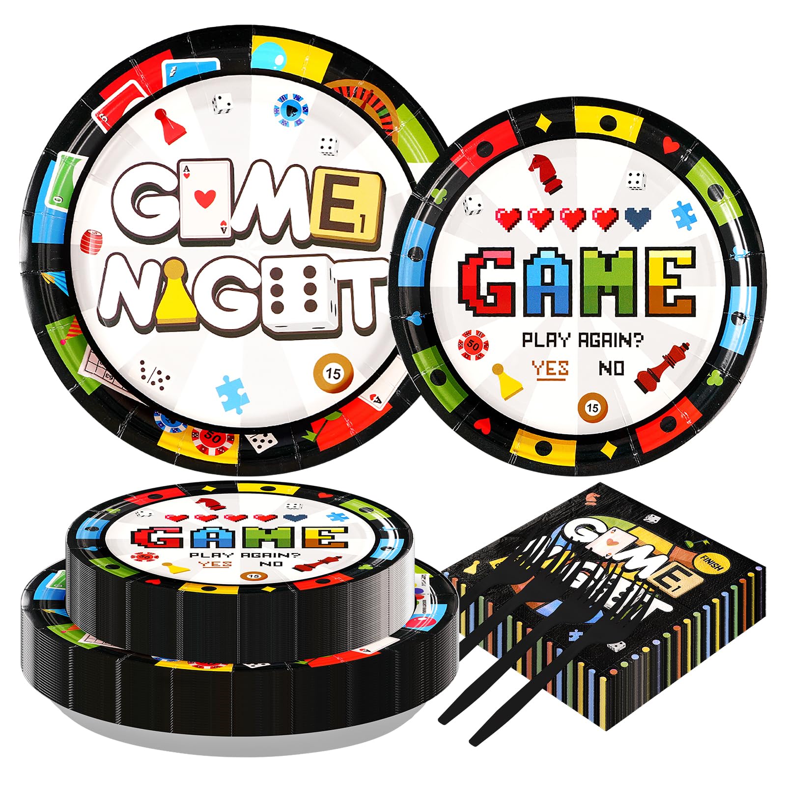 Grencian 200Pcs Family Game Night Decorations Game Night Plates and Napkins Disposable Gamer Paper Tableware Set for Kids Adults