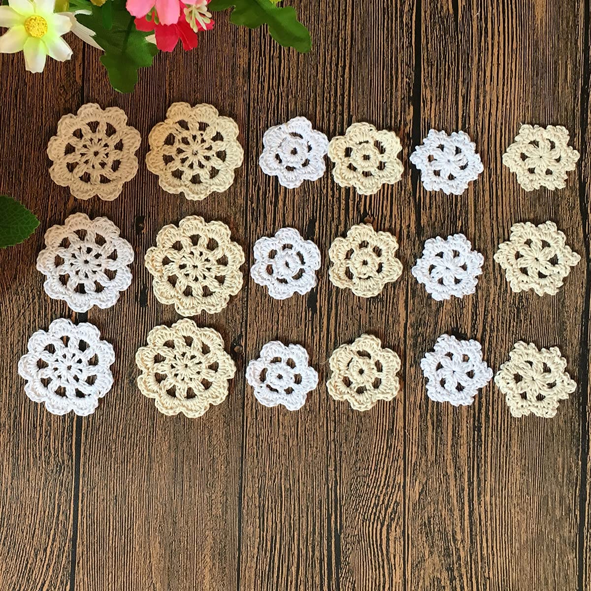 Mindplus Super Mini Doilies 1-2 Inches White Beige Cotton Small Hand Crochet Petals Lace Doilies For Crafts,Set Of 18