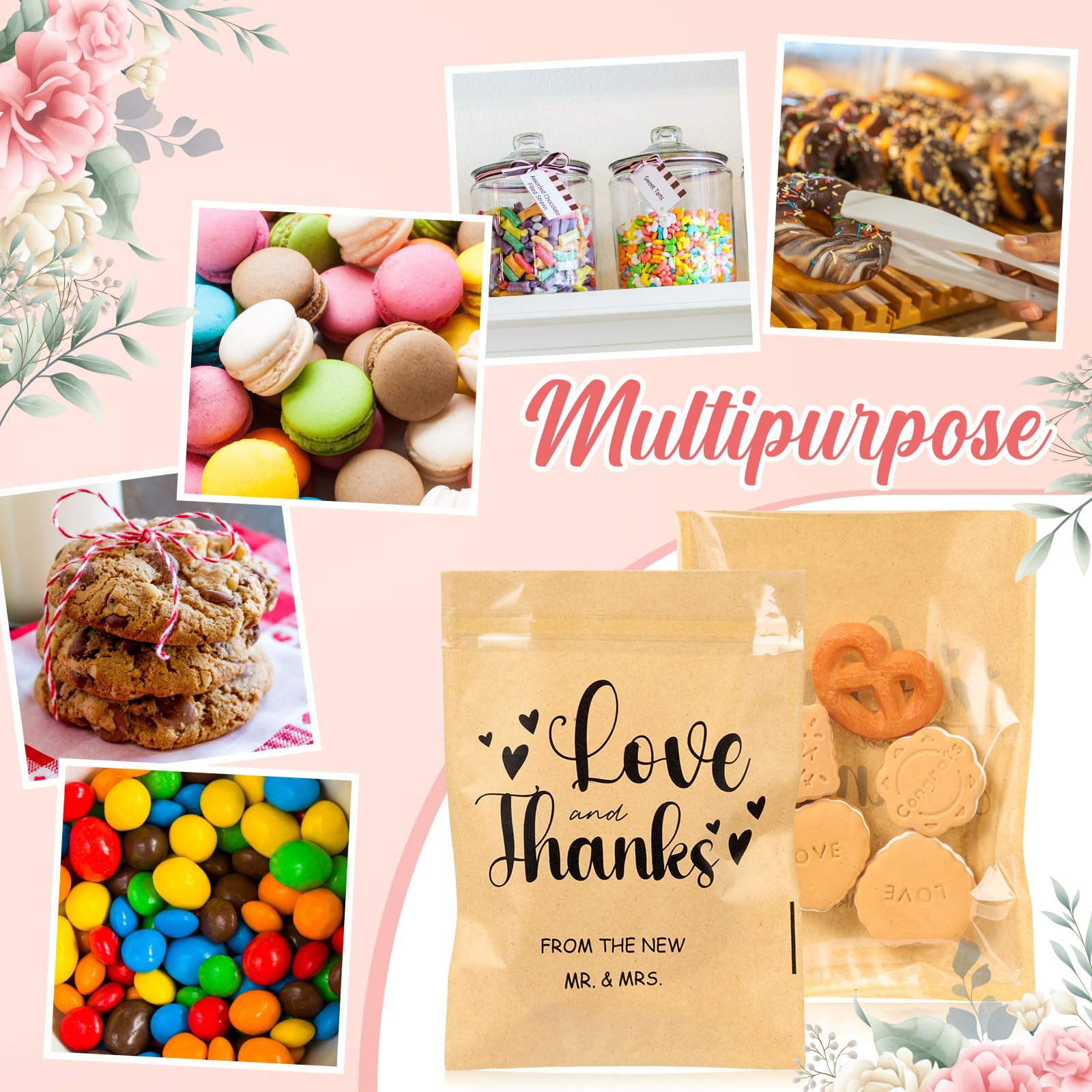 MotiMind 100 Pcs Clear Wedding Cookie Bags Front Paper Self-adhesive Gift Bags Thank You Kraft Paper Treat Candy Container for W