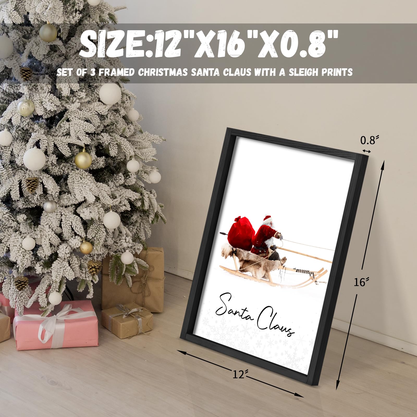 Litivy Christmas Wall Art Prints - Set Of 3 Santa Claus With Sleigh Deer For Home Decor - Xmas Sign - 12X16In - Black