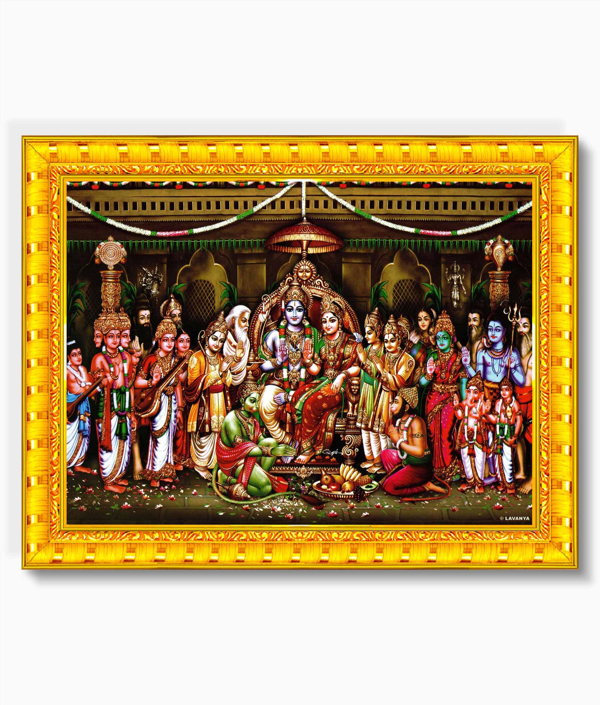 Pavan Photo Laminations Ram Darbar Lord Shri Rama Sita Parivar Family Wall Painting Framed Home Decor (Wood,Matte,Gold,Big Size,