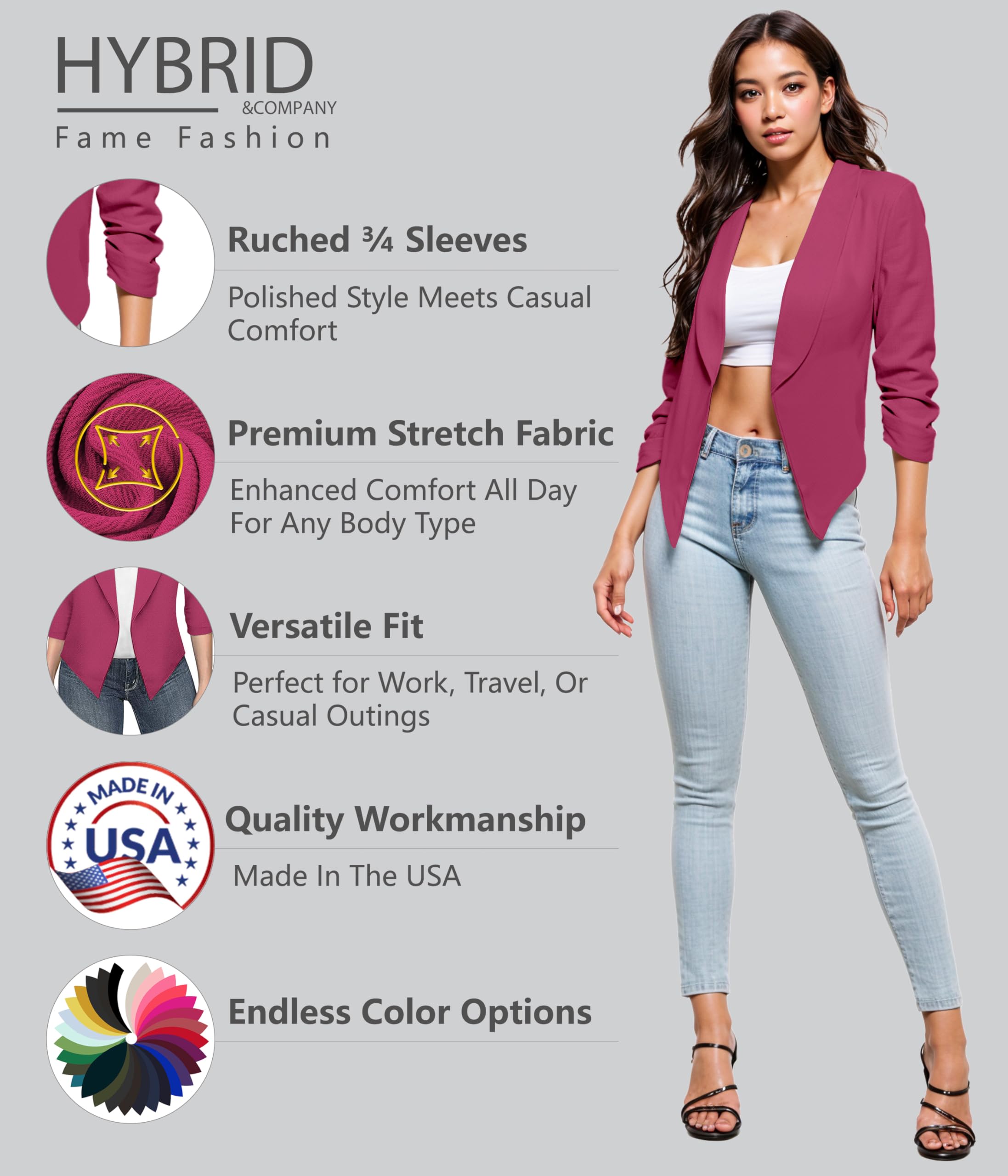 Womens Casual Work Office Open Front Blazer Jacket With Removable Shoulder Pads Jk1133 Fuchsia S