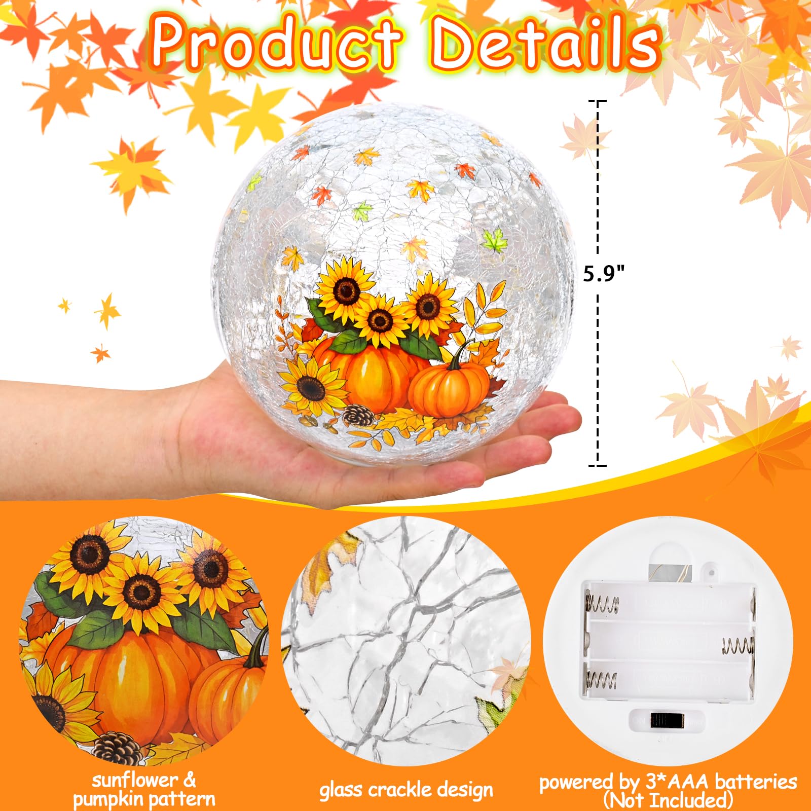 FRAMICS 5.9 Fall Decorations for Home Sunflower Pumpkin Crackle Glass Balls Led Globe Light with Timer Thanksgiving Decorations