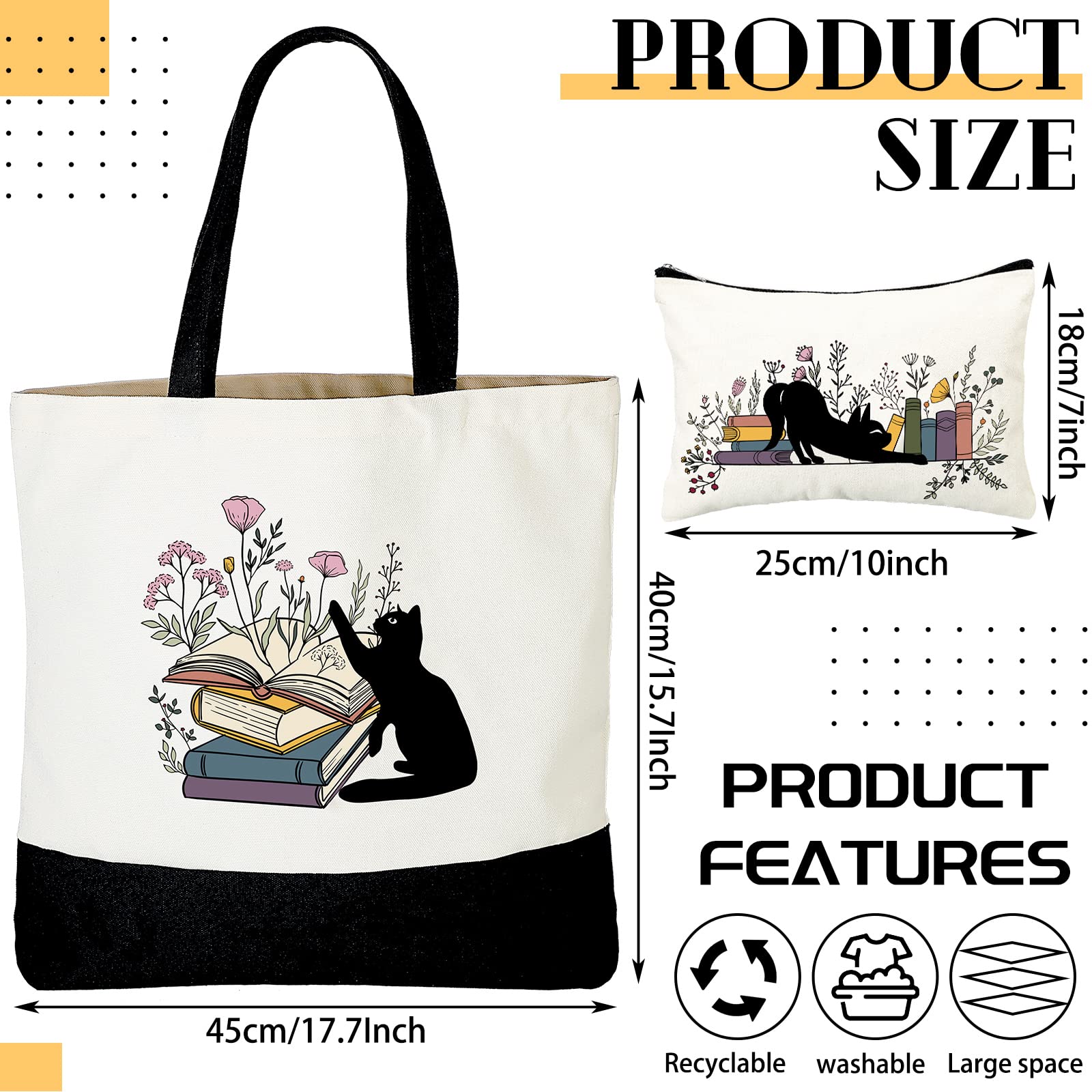 Cunno 2 Pcs Black Cat Book Tote Bags Purse Set Book Lovers Gifts Canvas Tote Bags Librarian Bookish Birthday Gifts(Cat)