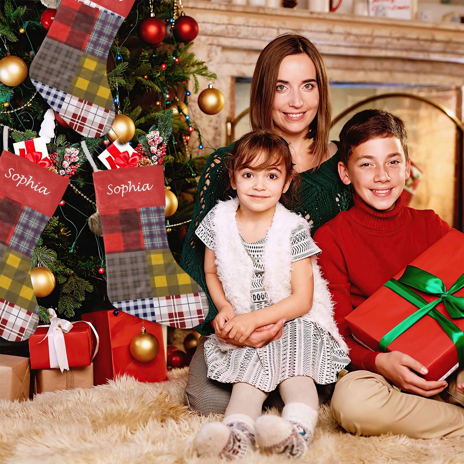 Plaid Patchwork Christmas Stockings Custom Name Party Family Decor Festive Santa Candy Gift Bag Socks 17.52 x 7.87 Inch