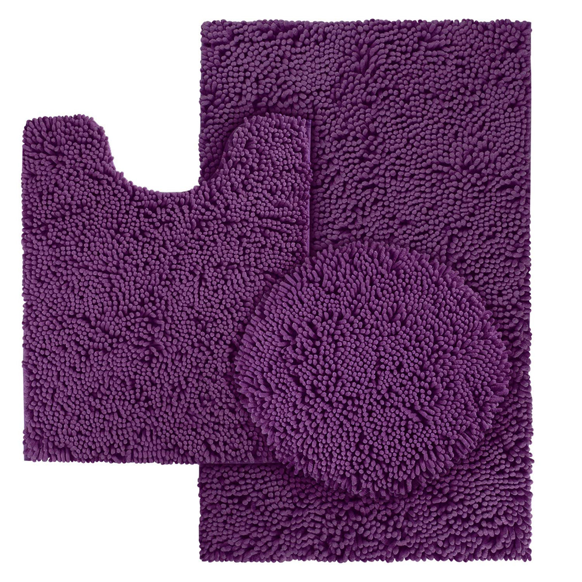 Homeideas 3 Pieces Dark Purple Bathroom Rugs Set, Ultra Soft Non Slip Bath Rug And Absorbent Chenille Bath Mat, Includes U-Shape