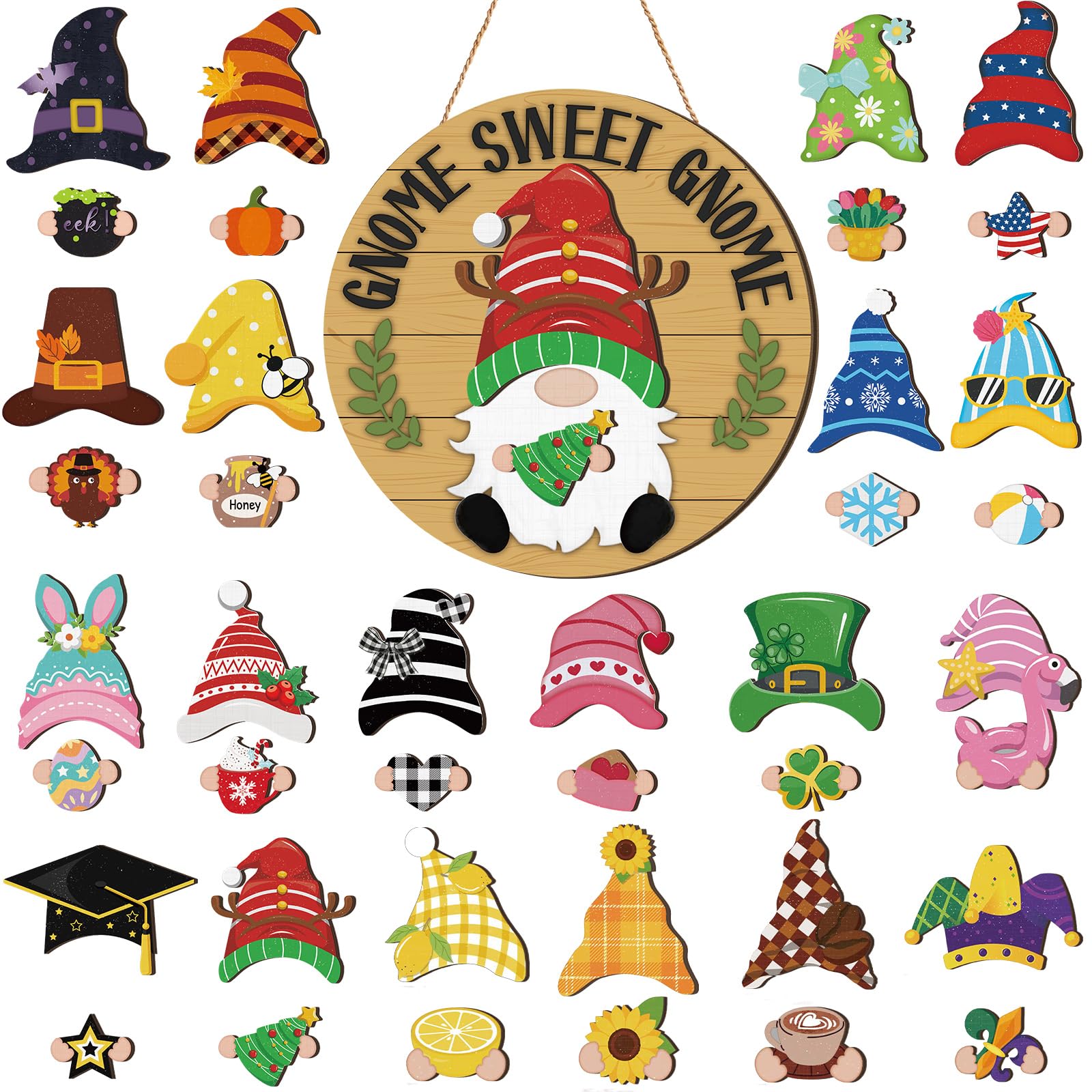 Wenqik 41 Pcs Interchangeable Gnome Decor Holiday Wooden Seasonal Gnome Decor Detachable Magnet Hat and Hand Welcome Sign for Ho