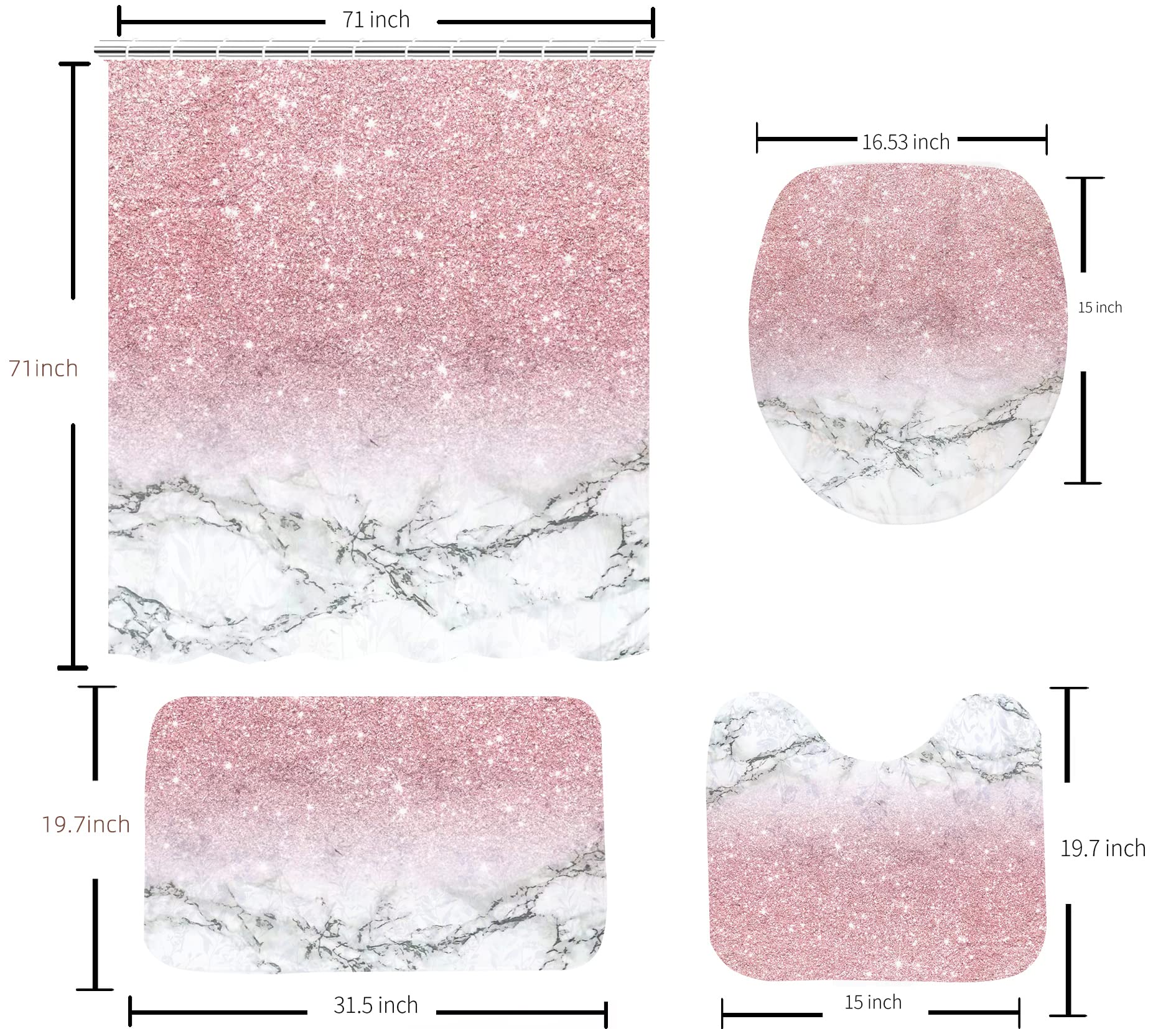 Hedybard 4 Pcs Pink Bathroom Shower Curtain Set With Waterproof Shower Curtain, Non-Slip Soft Flannel Rugs, Toilet Lid Cover, Ba