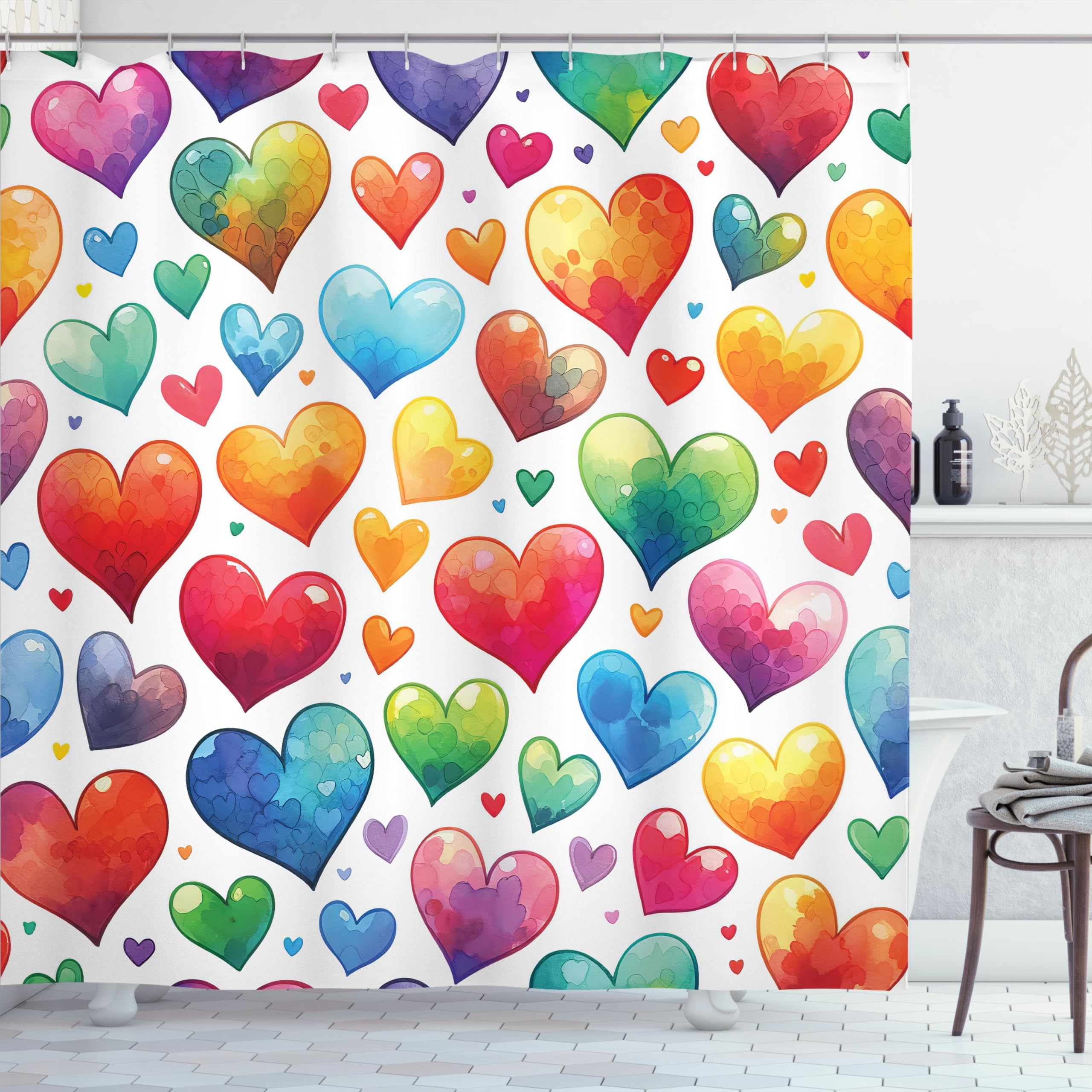 Ambesonne Colorful Shower Curtain, Retro Design Groovy Valentine'S Day Hearts Pattern On Plain Back 90S Feeling, Cloth Fabric Ba