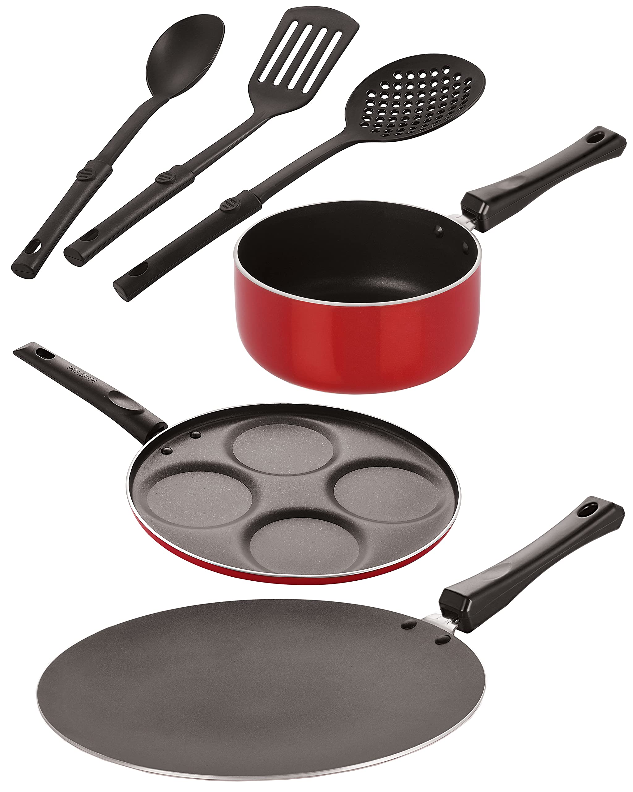 Nirlon Aluminium Nonstick Coated 6 Pcs Set Of Concave Tawa 1228.5Cm / Sauce Pan (M)  16Cm  1.2 Ltr/Uttapam (4)  26.5Cm  4 C