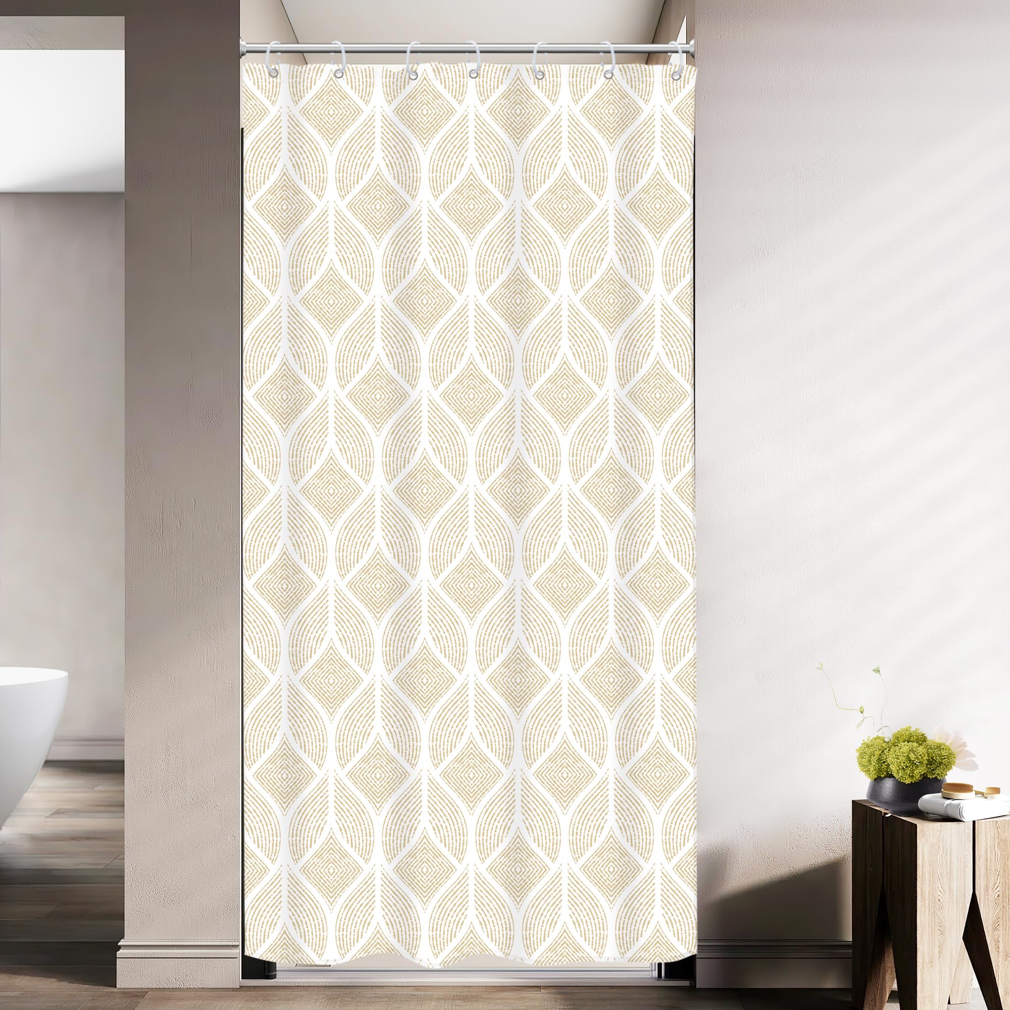 Riyidecor Small Stall Rv Beige White Shower Curtain Narrow Boho Abstract Modern Geometric Minimalist Single Half 36Wx72H Inch Si
