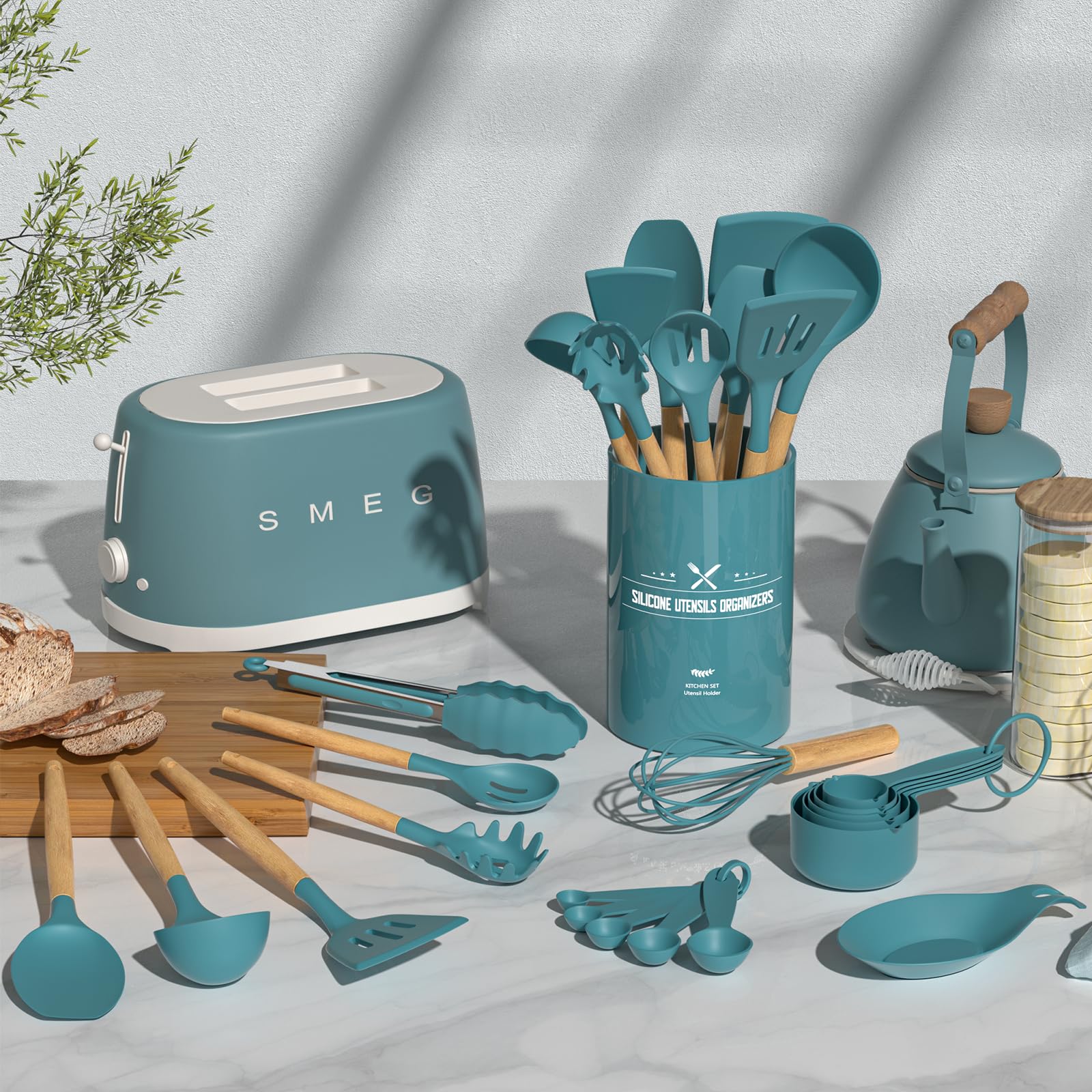 Umite Chef Kitchen Utensils Set, Non-Stick Silicone Kitchen Utensils, Spatula Set With Holder, Wooden Handle, Heat Resistant Sil