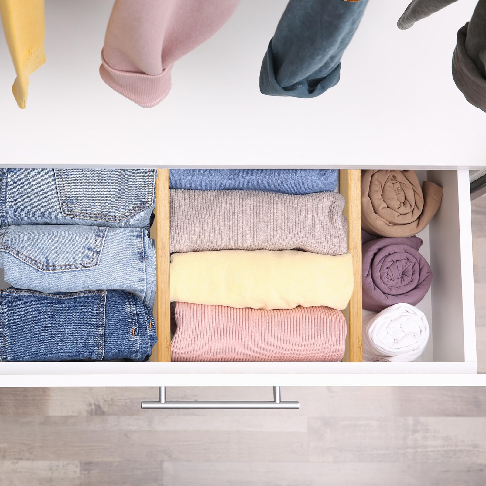 Fabsome Dresser Drawer Organizers 6 Pack, 4.65'' High Adjustable from 12.5-17 Bamboo Drawer Dividers for Clothing Baby Clothes,