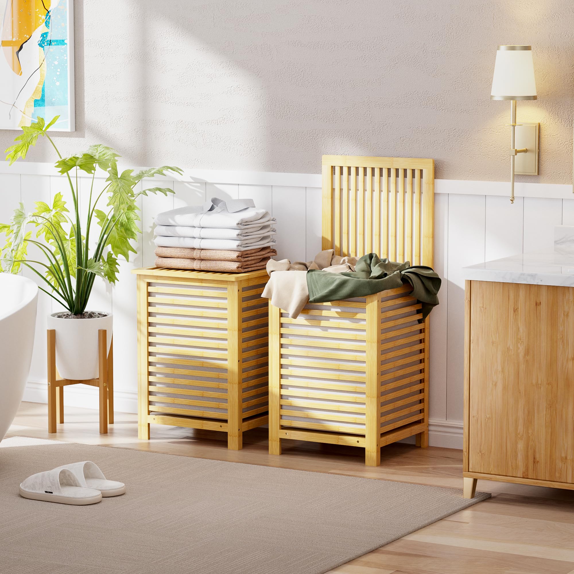 Smibuy Double Laundry Hamper With Lid, 120L Bamboo Laundry Basket With Removable Liner Bag, 2-Section Clothes Divider Laundry So