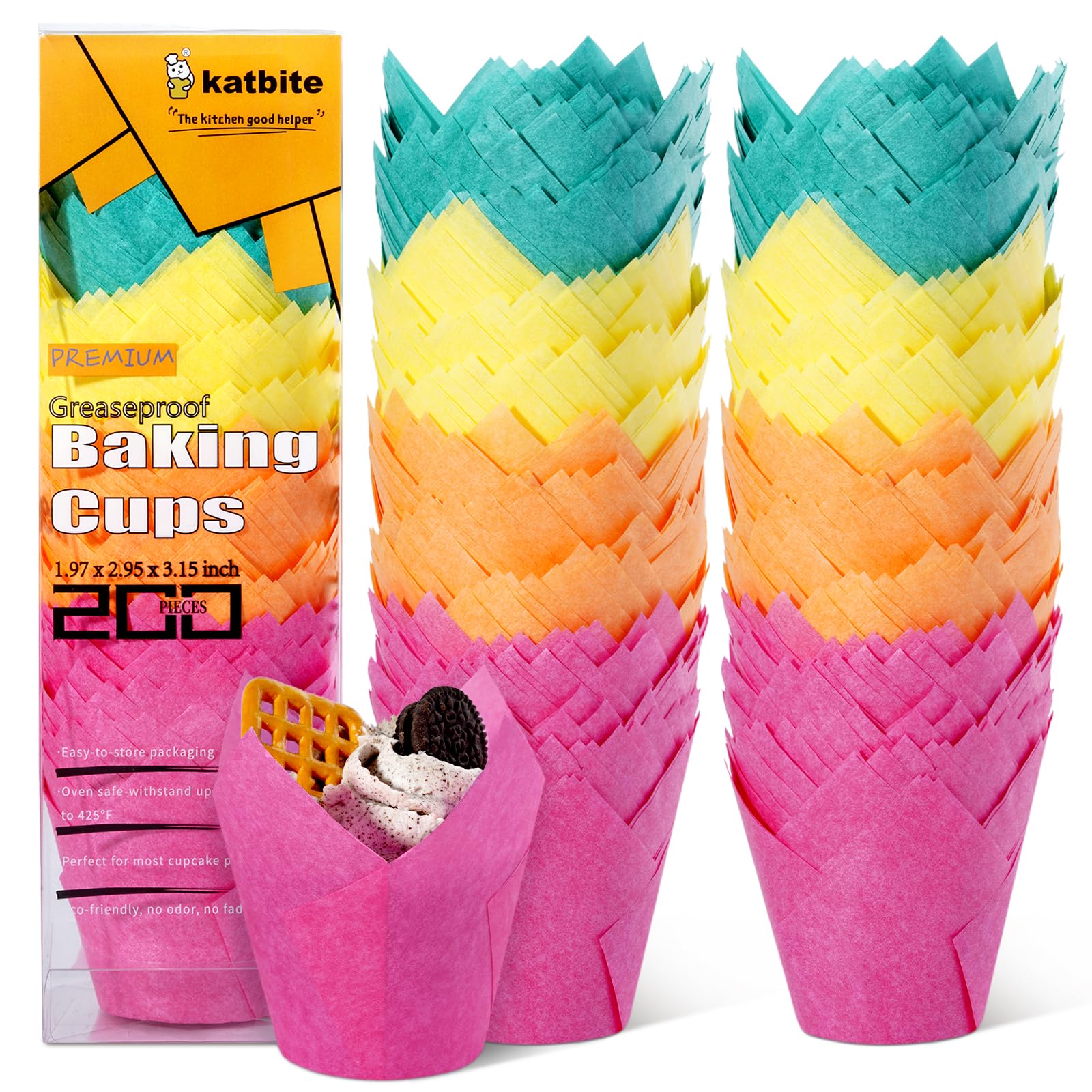Katbite Tulip Cupcake Liners 200Pcs, Muffin Liners Baking Cups, Cupcake Wrapper For Party, Wedding, Birthday, Colourful Cupcake