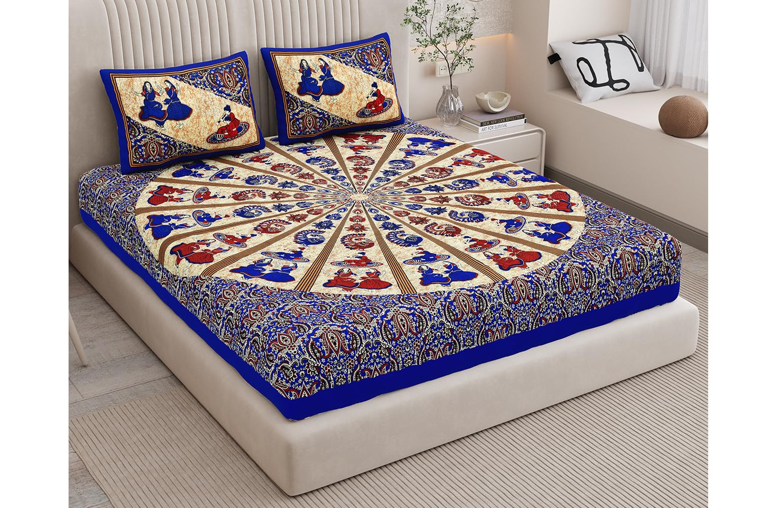 Queenie Brand 100% Pure Cotton Traditional Printed 144 Tc Bedsheet For Double Bed With 2 Pillow Covers