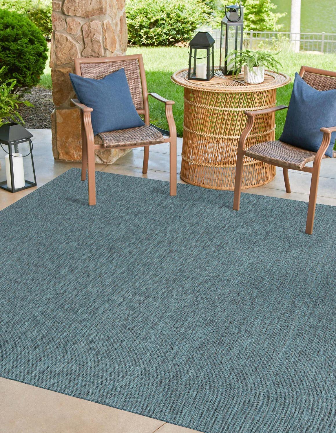 Unique Loom Outdoor Solid Collection Area Rug (5 3 Square Teal/Navy Blue)