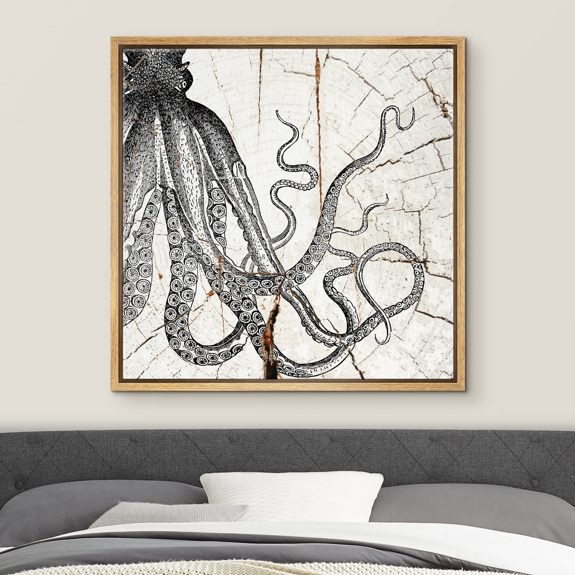 Wall26 Framed Canvas Print Wall Art Wood Ring Effect Cartoon Octopus Animals Wildlife Wood Modern Art Farmhouse/Country Expressi