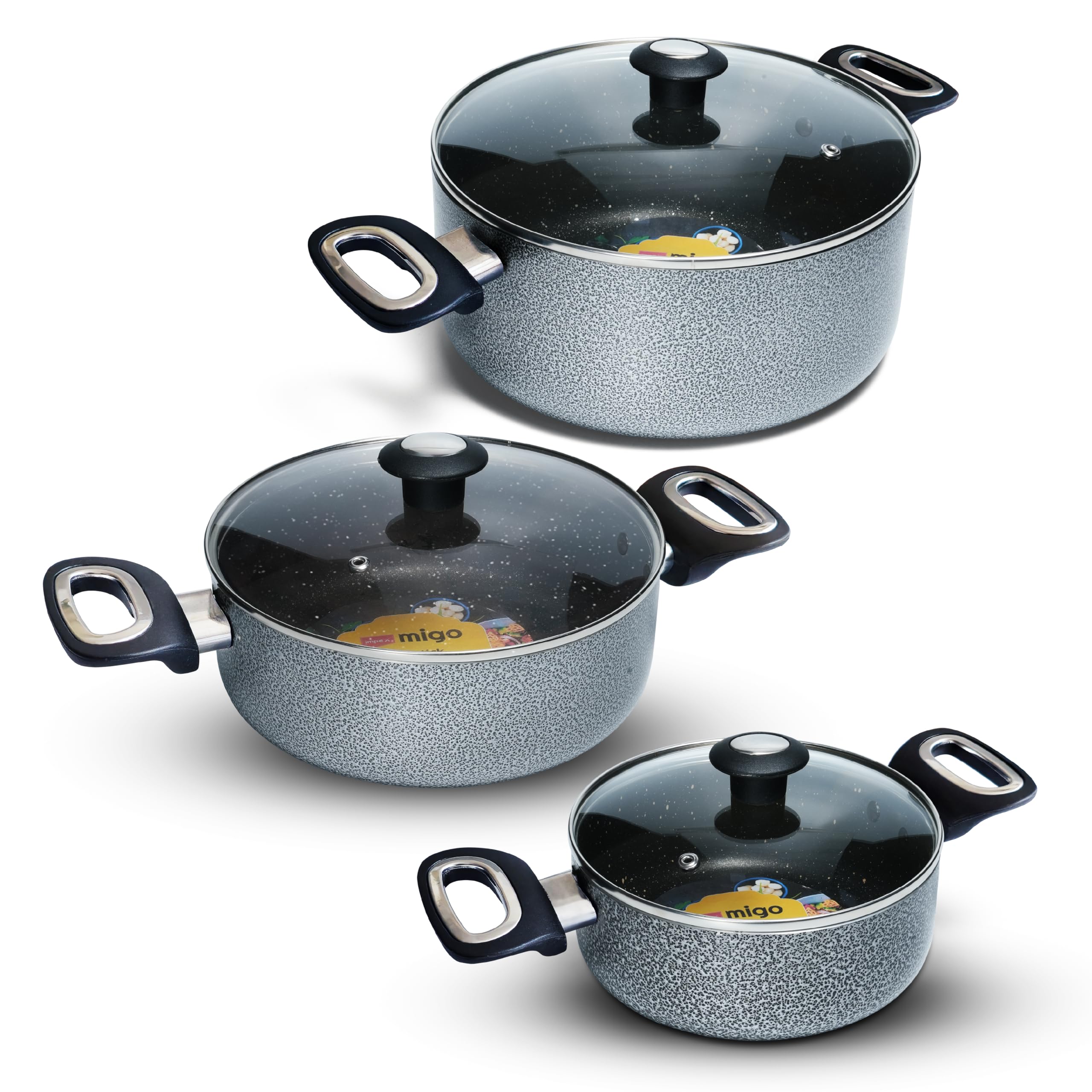 Impex Cook And Serve Casserole Set 6 Pcs Nonstick Granite Cookware Set With Glass Lid | Sauce Pans Combo With Induction Bottom |