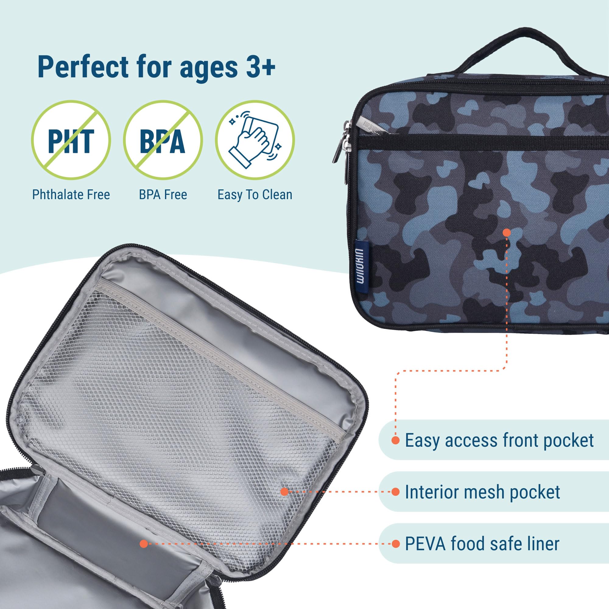 Wildkin Kids Insulated Lunch Box - Durable And Reusable For School & Travel - Black Camo