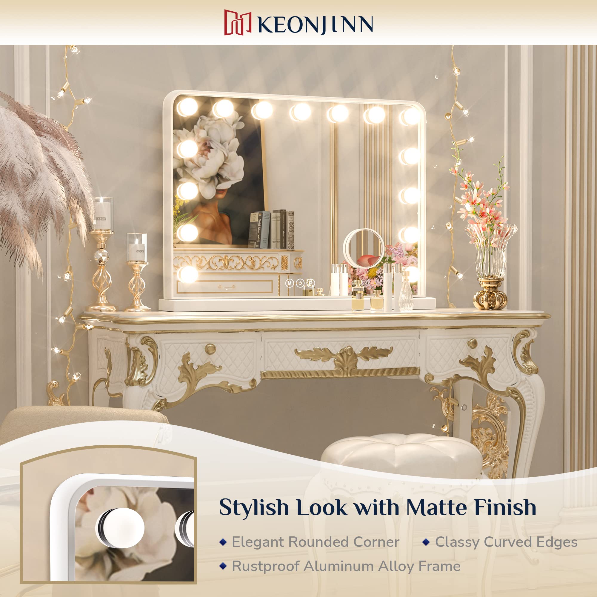 Keonjinn Large Vanity Mirror with Lights  15 Replaceable Bulbs Hollywood Makeup Mirror with 2 Replacement Bulbs  3-Color Lights  Aluminum Metal Frame  USB Charging Port  23'' x 18'' White Lighted Mirror