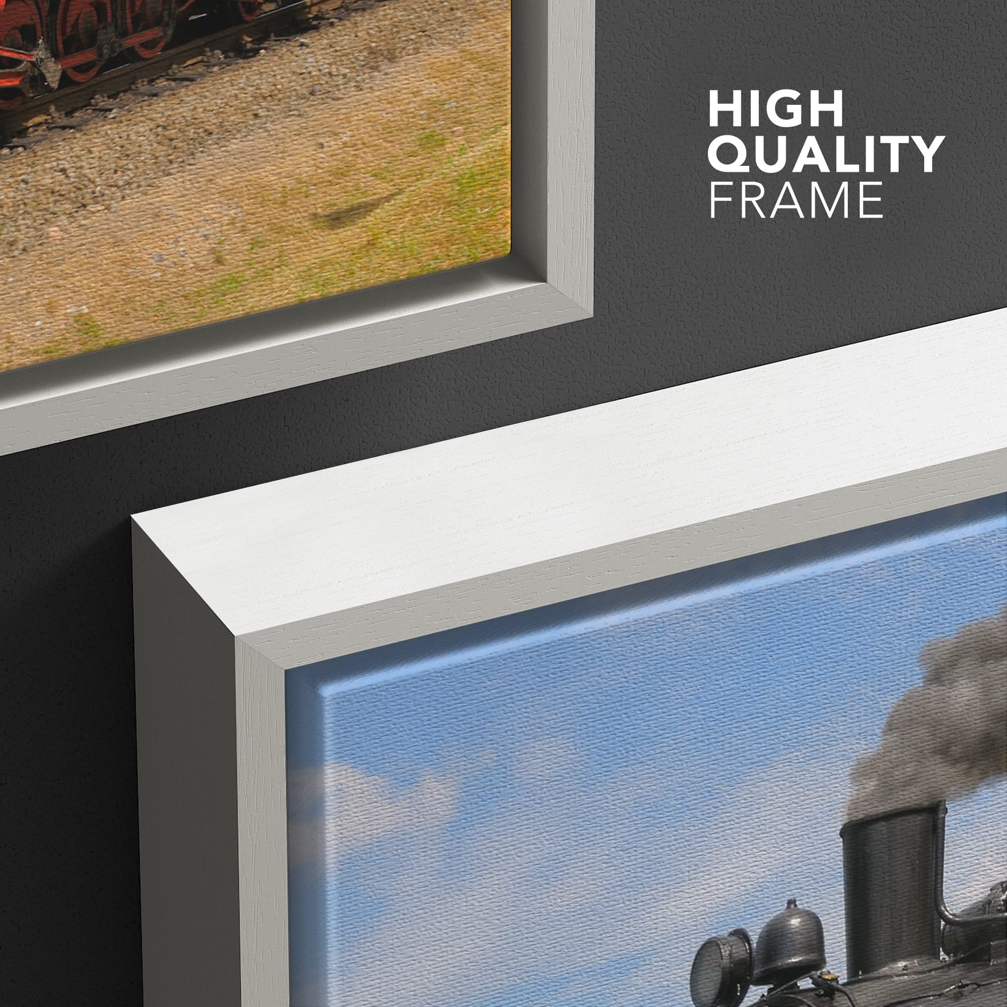 Steam Train With Black Smoke Running On Island Rugen Northern Germany - Framed Canvas Art Wall Art - 24''X36'' White
