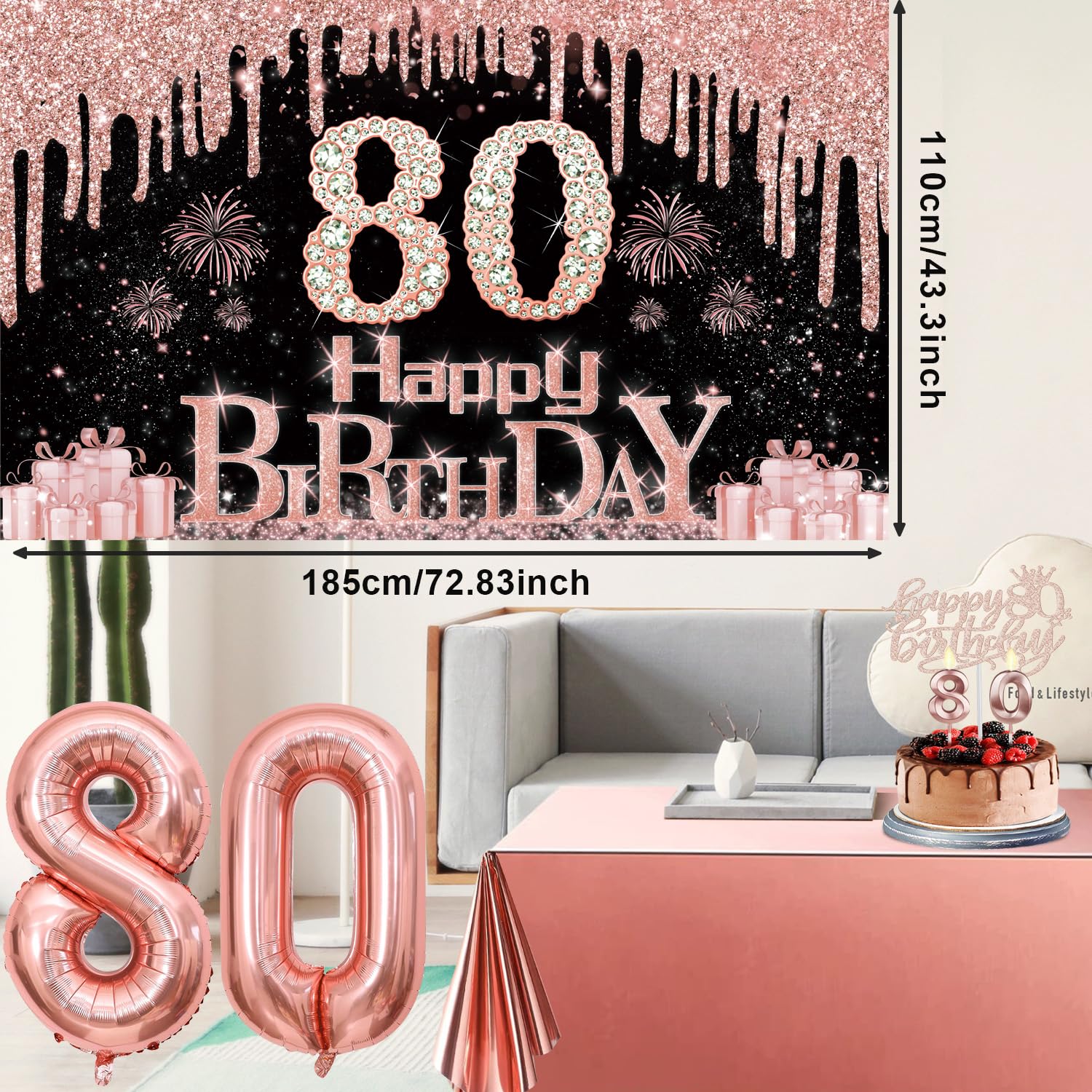 80Th Birthday Decorations For Women With Banner, Rose Gold Tablecloth, Number Balloons, 80Th Birthday Sash And Tiara, Cake Toppe