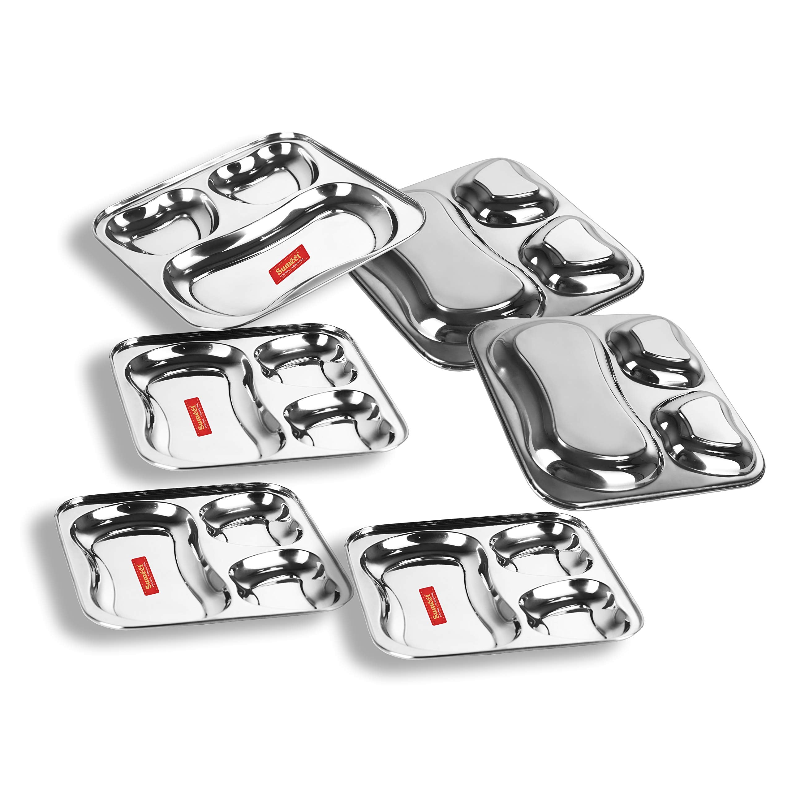 Sumeet Stainless Steel 3 In 1 Pav Bhaji Plate/Compartment Plate 21.5Cm Dia - Set Of 6Pc