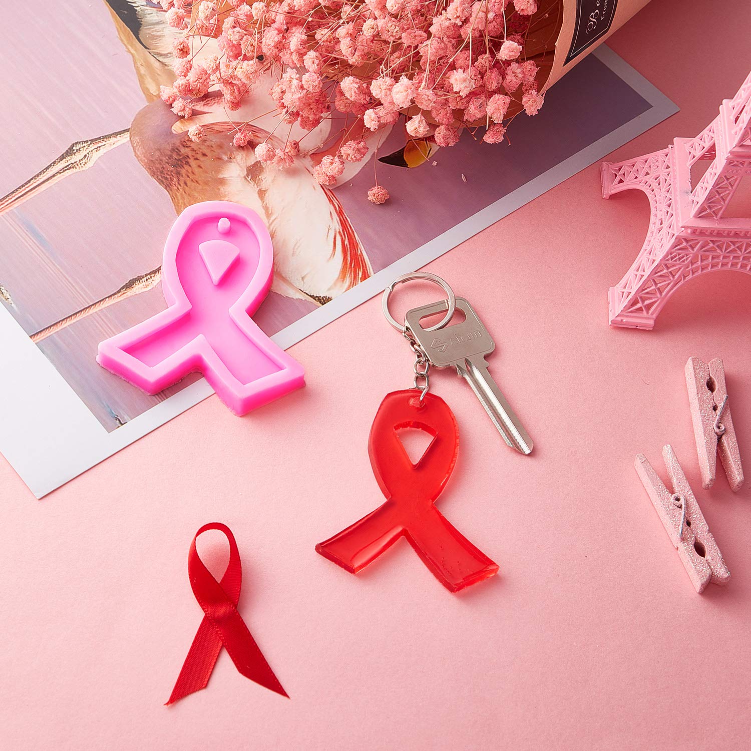 6 Pieces Ribbon Silicone Mold Awareness Ribbon Silicone Mold With Hole And 10 Pieces Keyrings For Diy Chocolate, Cake, Pudding,