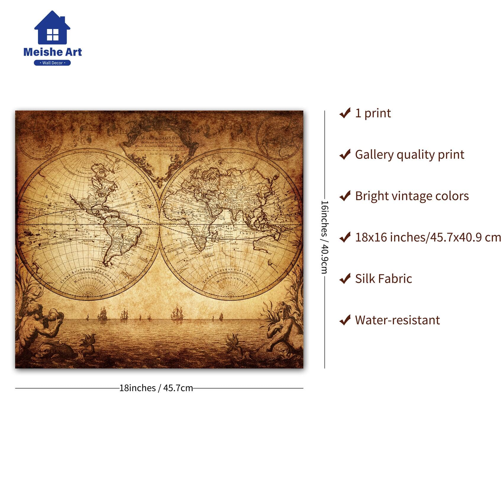 Meishe Art Poster Print World Map Vintage Old Nautical Sailing Ship Map Decorative Educational Home Wall Decor