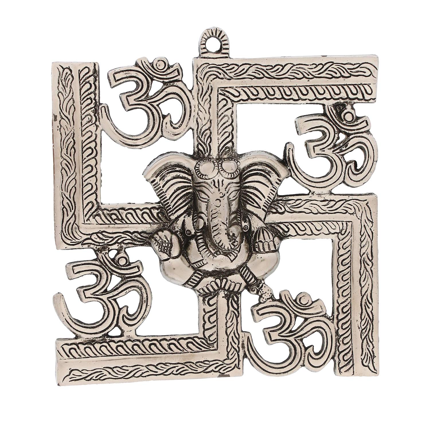 Ecraftindia Lord Ganesha On Om Swastik Metal Silver Wall Hanging