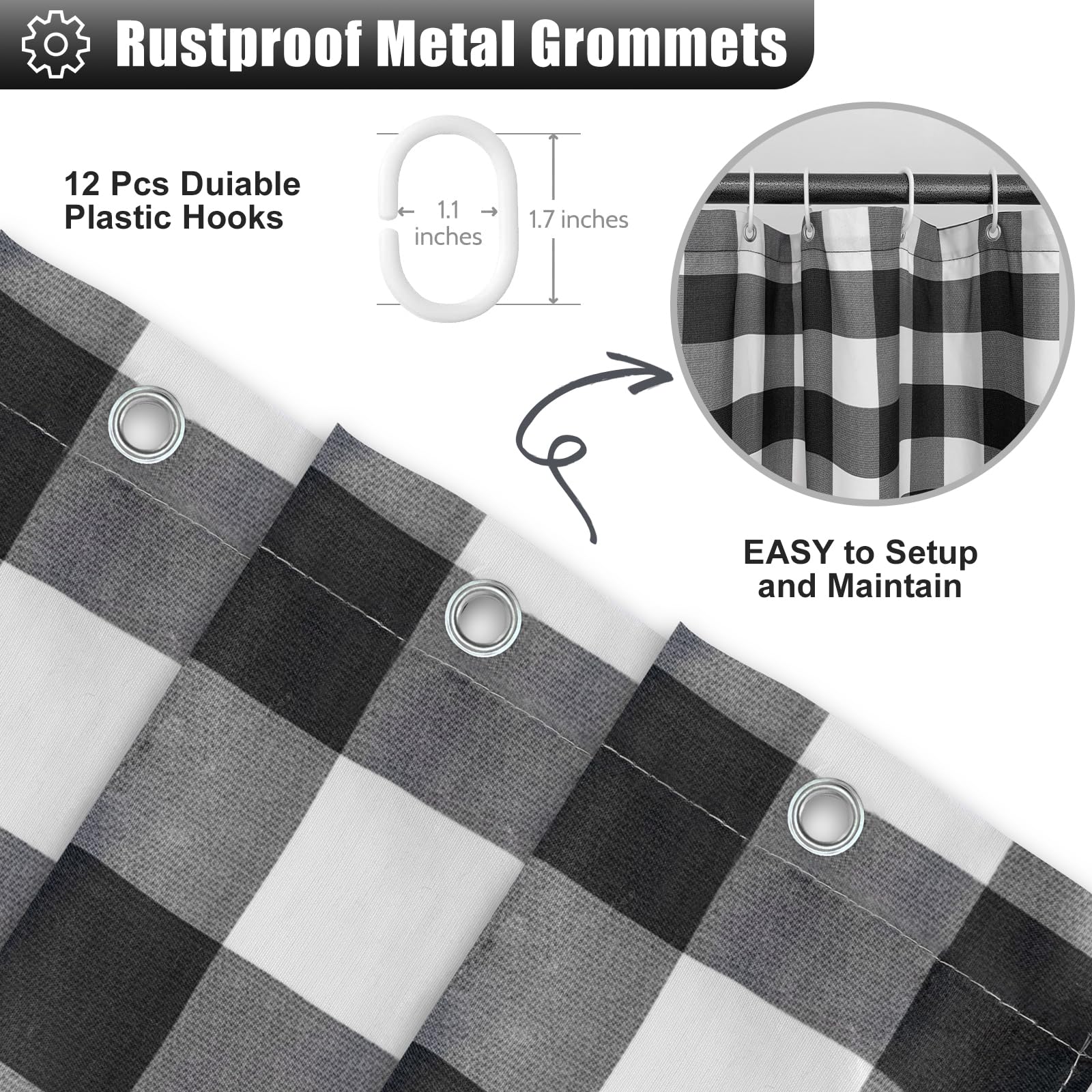 Seasonwood Black Farmhouse Shower Curtain Set With 12 Hooks 72 X 72Inch Black And White Buffalo Plaid Pattern Fabric Shower Curt