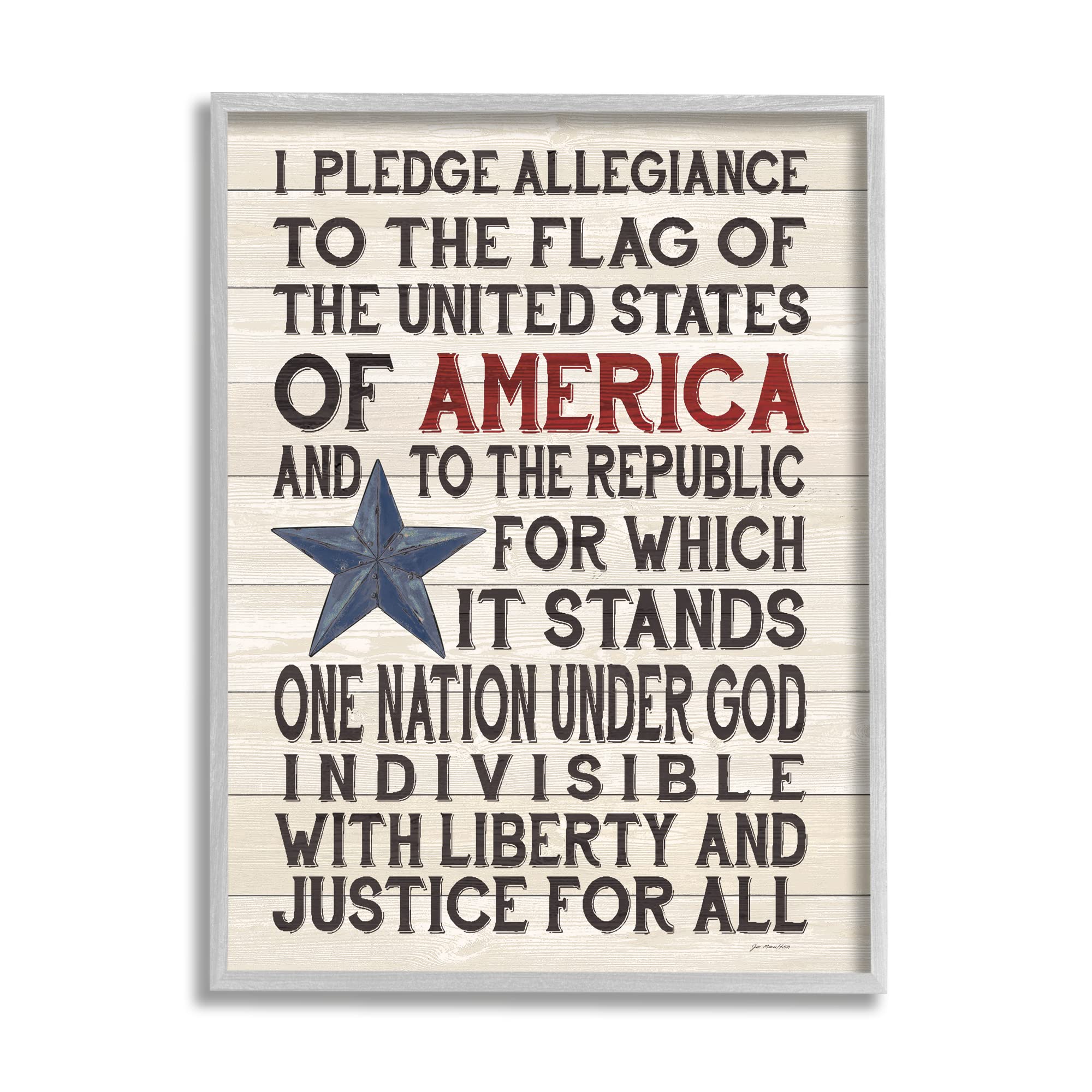 Stupell Industries Pledge of Allegiance Stars and Stripes Americana Rustic Wood Look Sign, Design by Jo Moulton Grey Framed 16x2