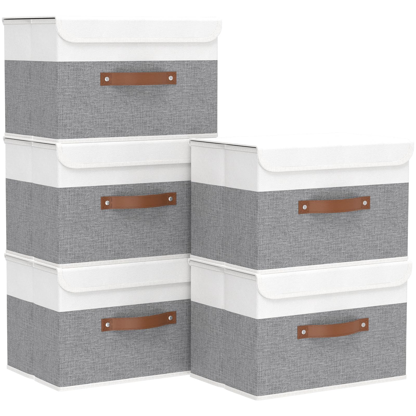Yawinhe Collapsible Storage Boxes 5 Pack  Linen Fabric Storage Baskets Washable  with Lids and Leather Handle  for Home Bedroom Closet Office  (White/Grey  17.7x11.8x11.8in)  USNK024WGX-5
