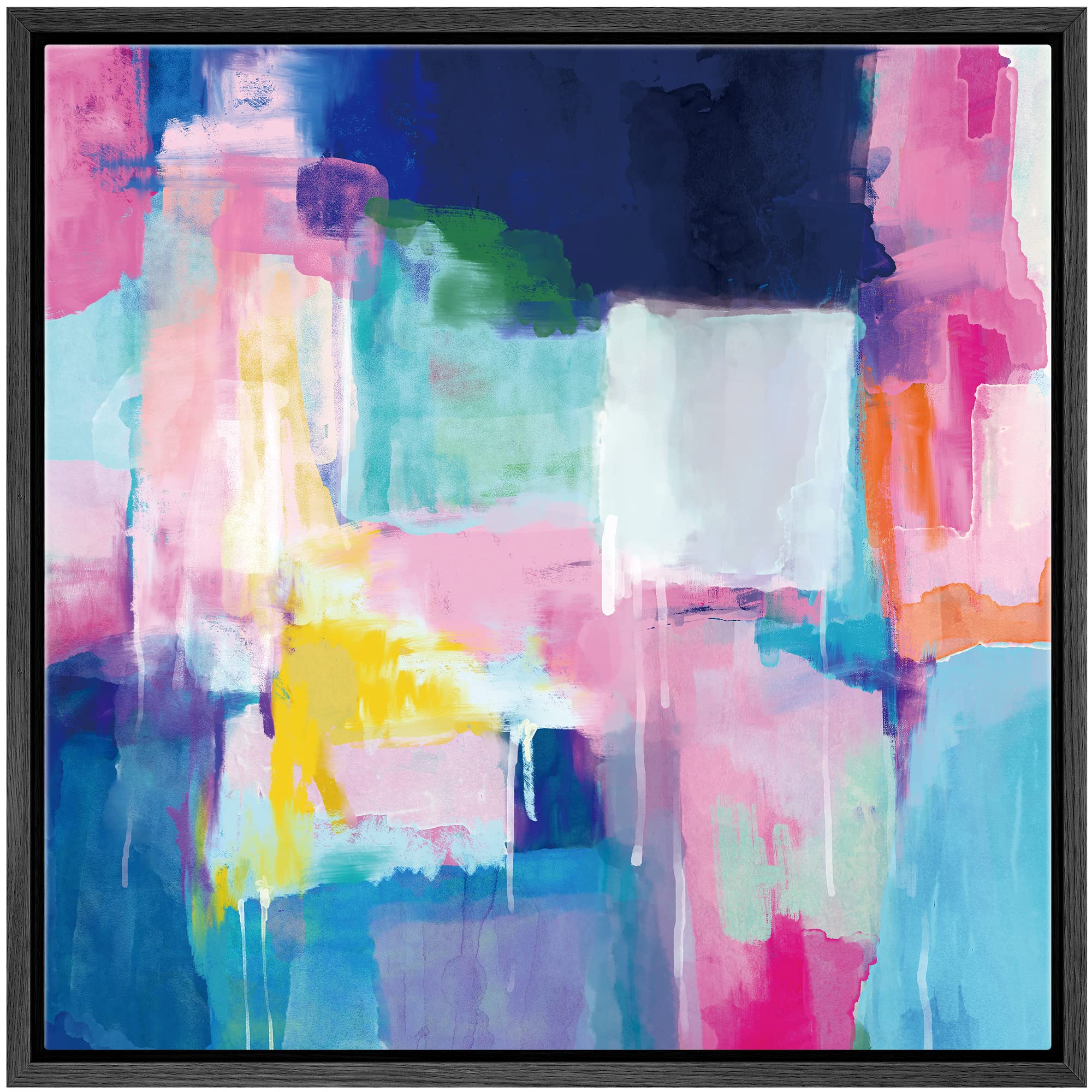 Signwin Framed Canvas Print Wall Art Pastel Pink, Teal, Blue & Orange Paint Strokes Abstract Shapes Illustrations Modern Art Rus