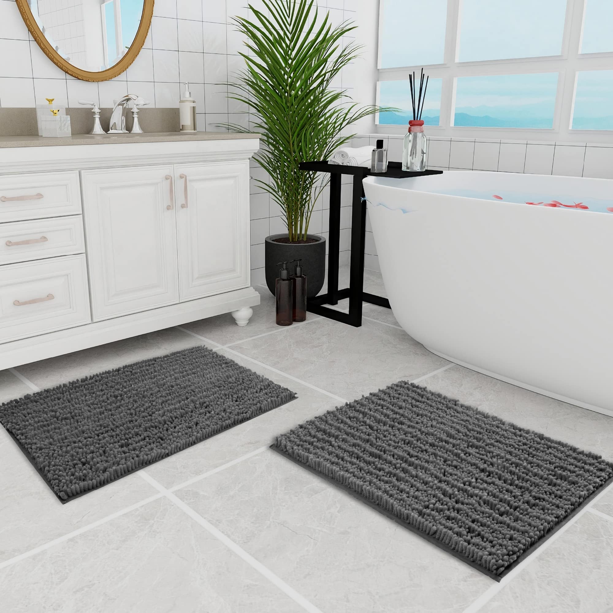 Walensee Bathroom Rug 2 Pieces Set Non Slip Bath Mat (20''X32'' Plus 20''X32'' Grey/Gray) Water Absorbent Super Soft Shaggy Chen