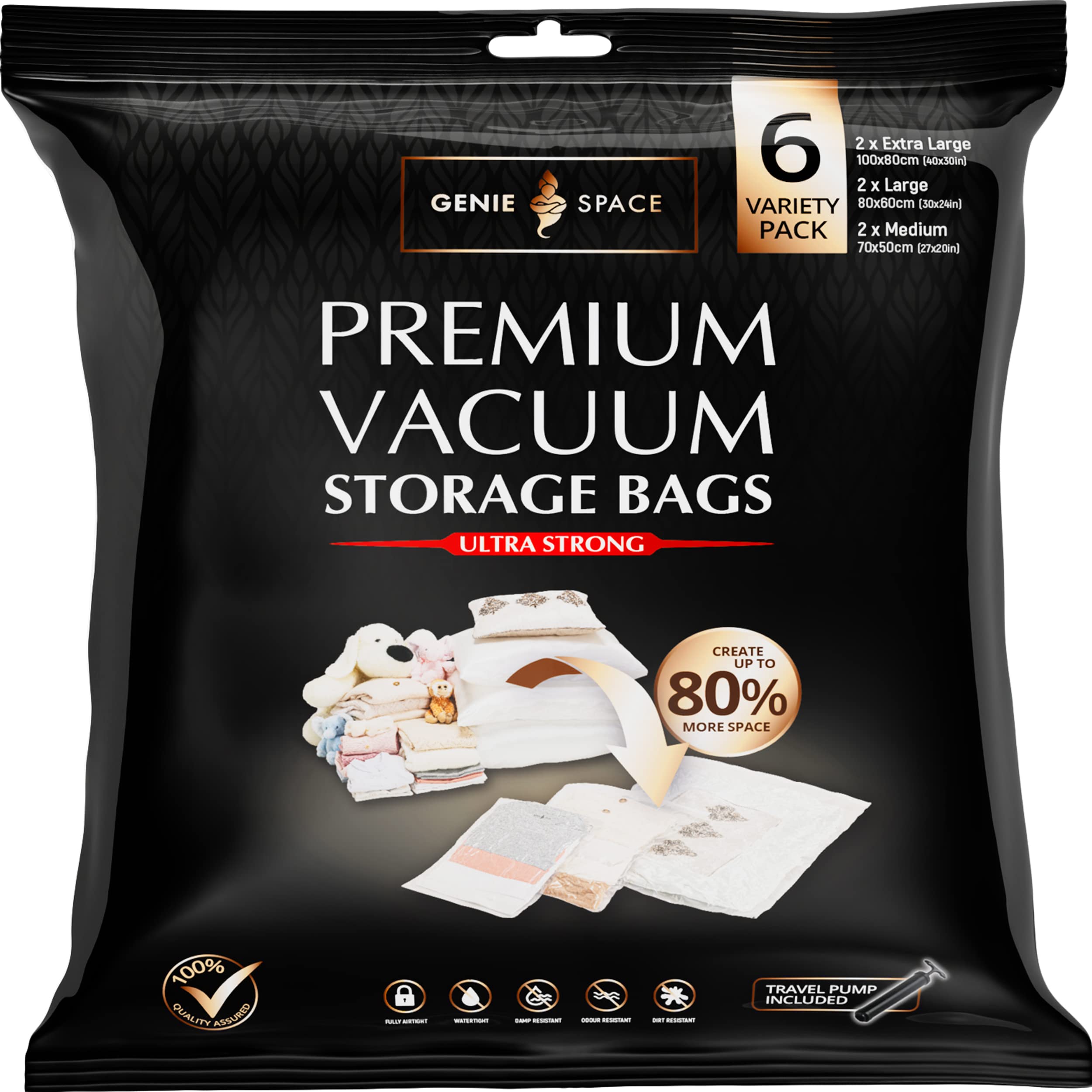 Genie Space - Incredibly Strong Premium Space Saving Vacuum Bags Storage | Variety 6 Pack (2Xl+2L+2M) | Airtight & Reusable | Cr