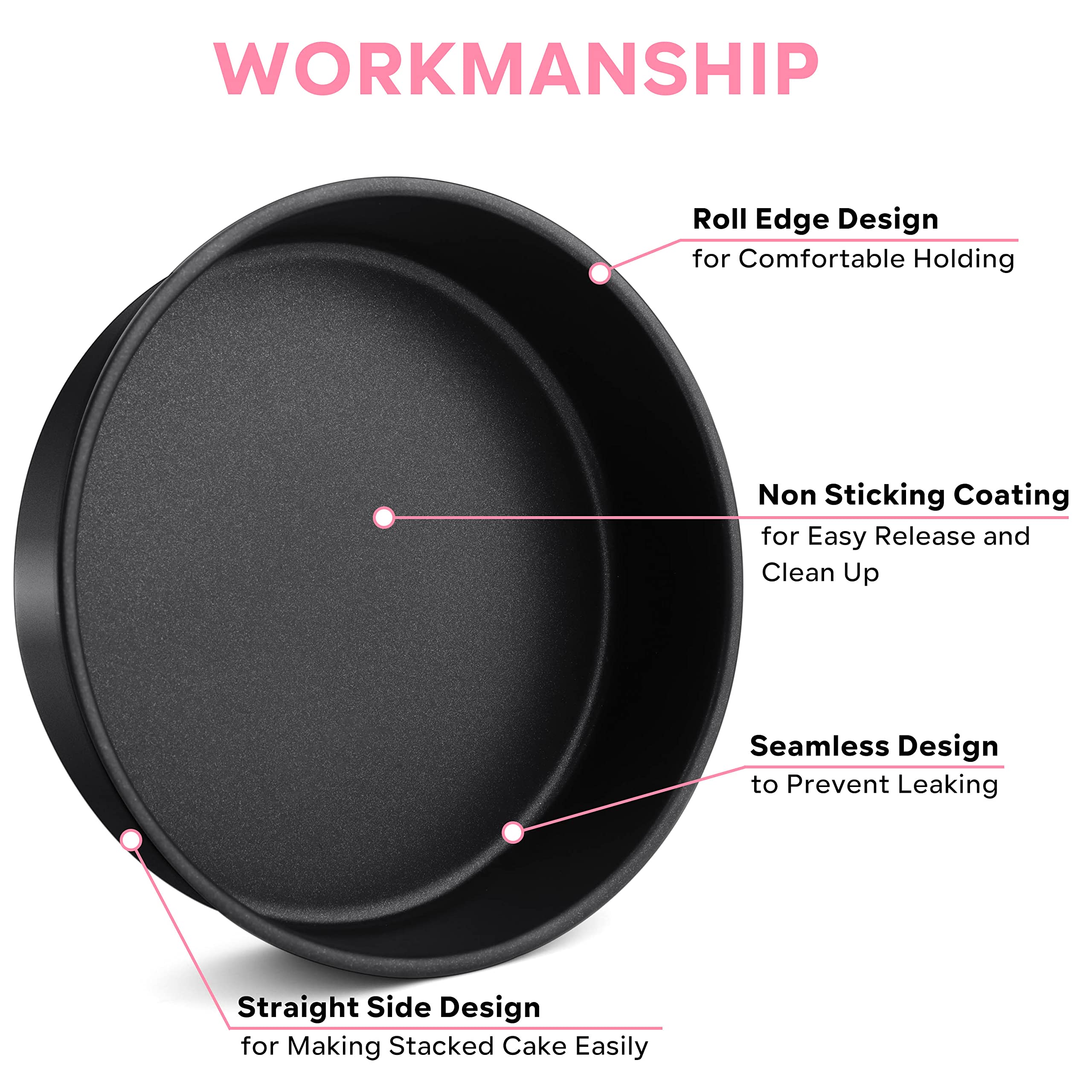 Herogo 8 Inch Cake Pan Set Of 2, Stainless Steel Black Nonstick 3'' Deep Round Baking Pan, Birthday Wedding Layer Cake Pan, Non