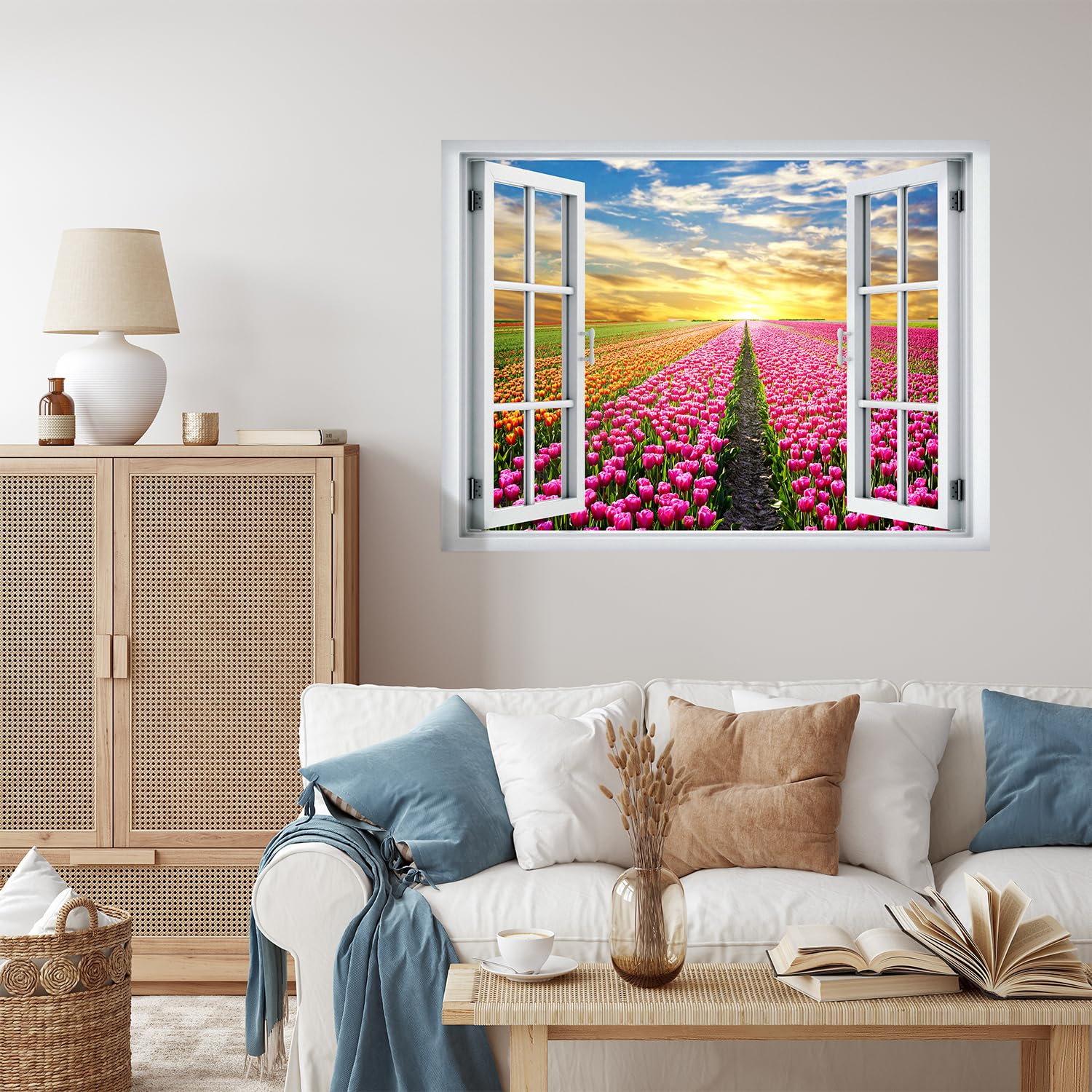 wall26 Removable Wall Sticker/Wall Mural Window View Vibrant Neon Sunset Pink Tulip Flower Field Nature Wilderness Photography Realism Landscape Multicolor for Living Room  Bedroom  Office - 24''x32''