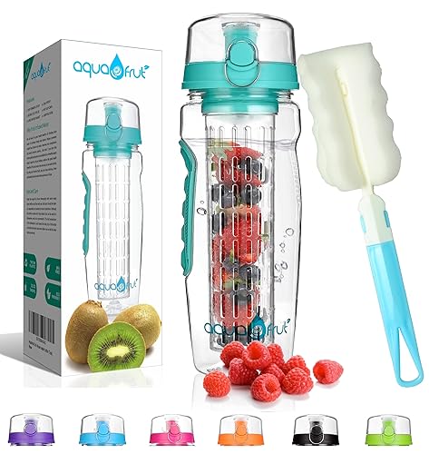 aquaFrut 32 OZ Fruit Infuser Water Bottle BPA-Free Fruit Infusion Sports Bottle - Flip Top Lid w Drinking Spout  Leak Proof  Made of Durable Tritan. Free Recipe eBook! (Teal)