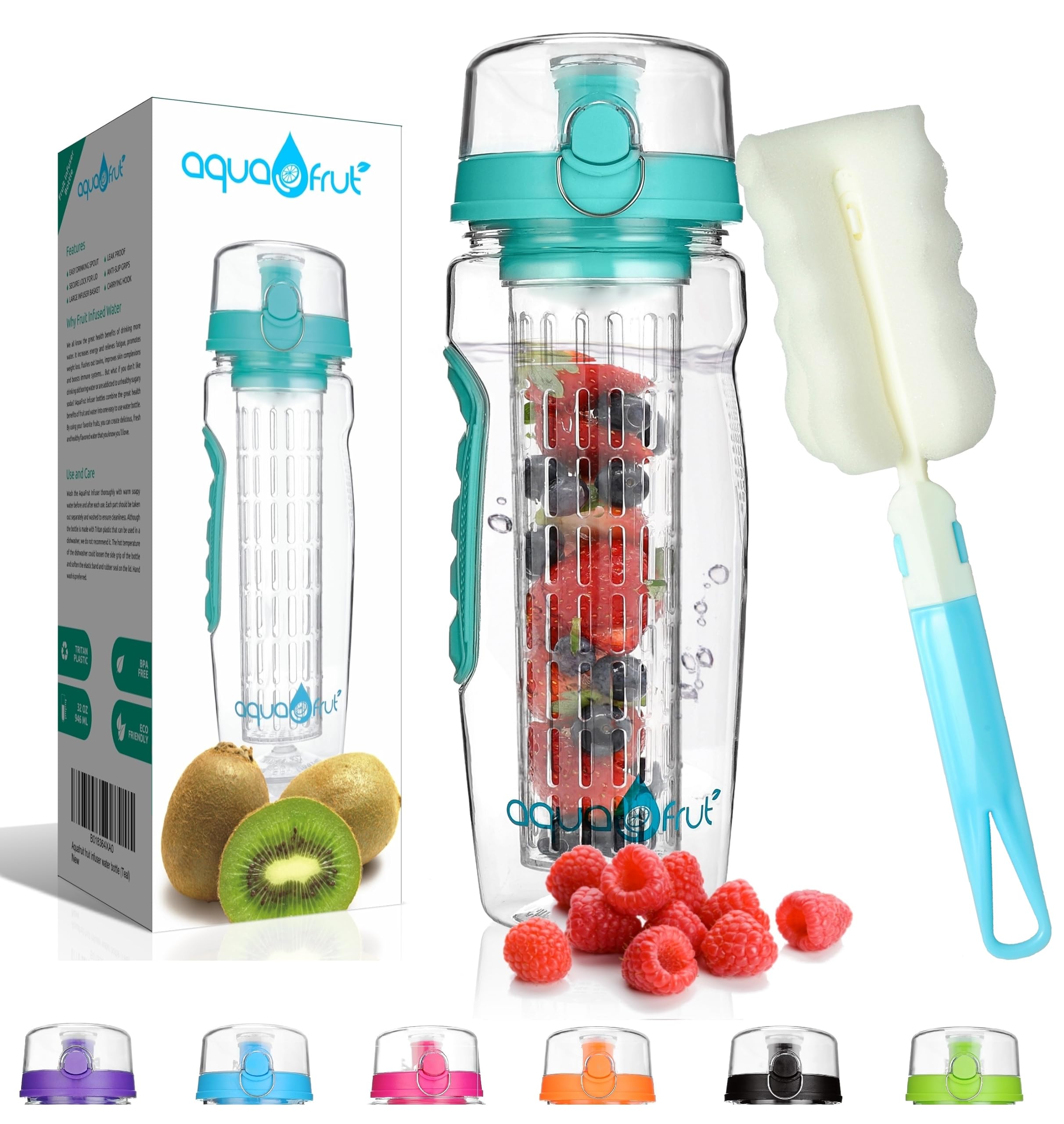 Aquafrut 32 Oz Fruit Infuser Water Bottle Bpa-Free Fruit Infusion Sports Bottle - Flip Top Lid W Drinking Spout, Leak Proof, Mad