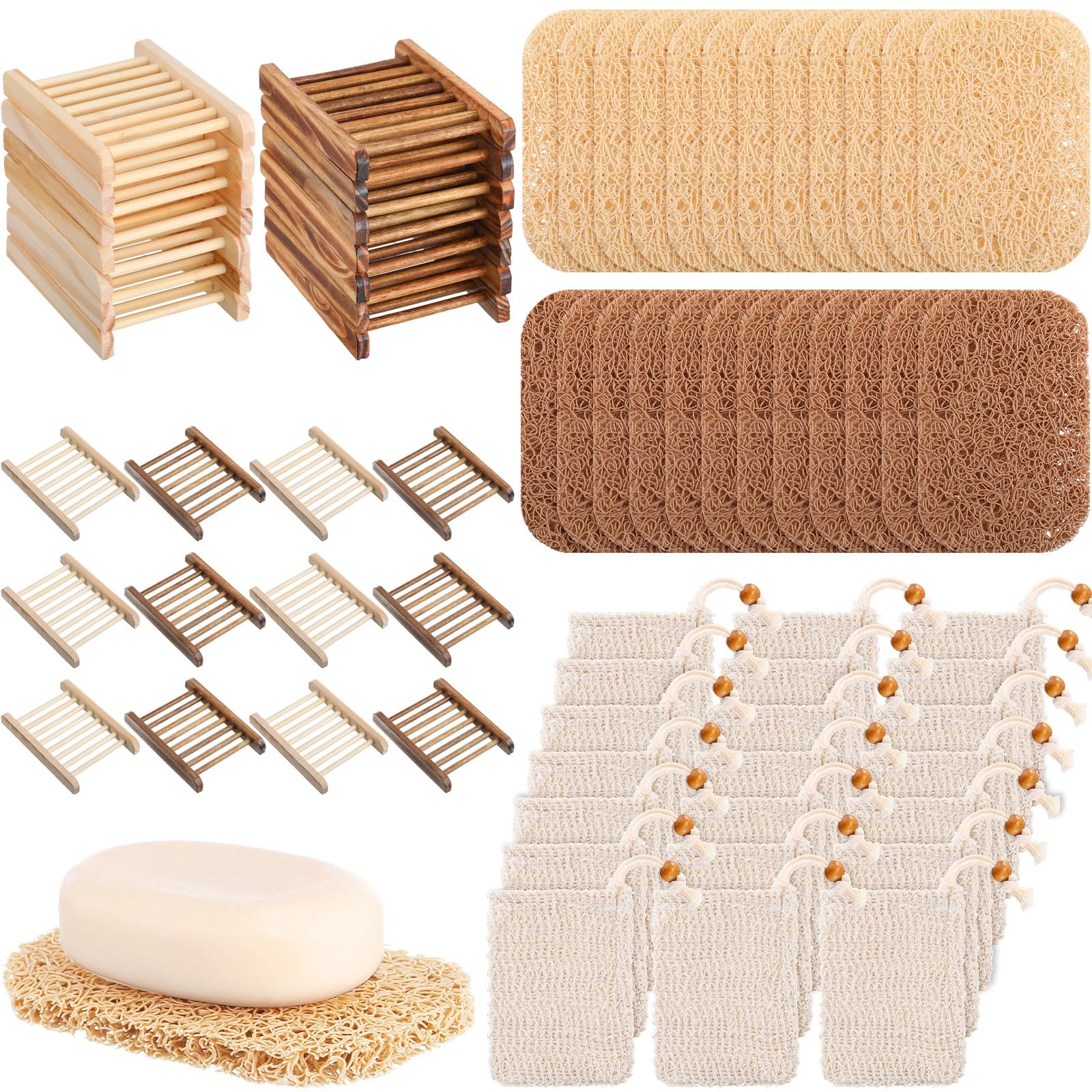 90 Pcs Soap Saver Set Including Wooden Soap Dish, Soap Exfoliating Bag, Soap Saver Pads Bulk With Self Drain, Bar Soap Holder Me