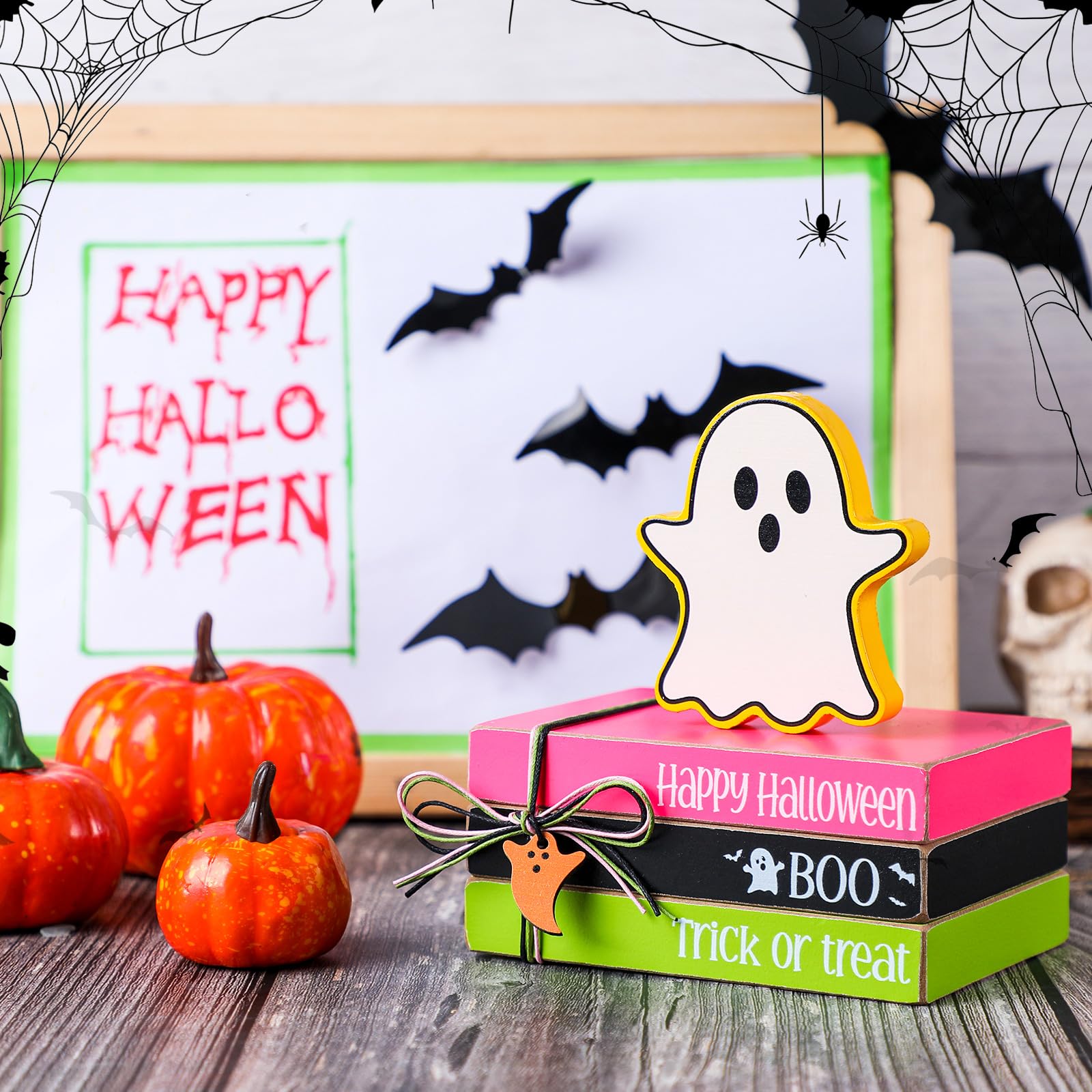 Yookeer 4 Pieces Halloween Ghost Decor Wooden Ghost Tiered Tray Decor Wood Book Stack Halloween Neon Sign Table Sign for Home Ro